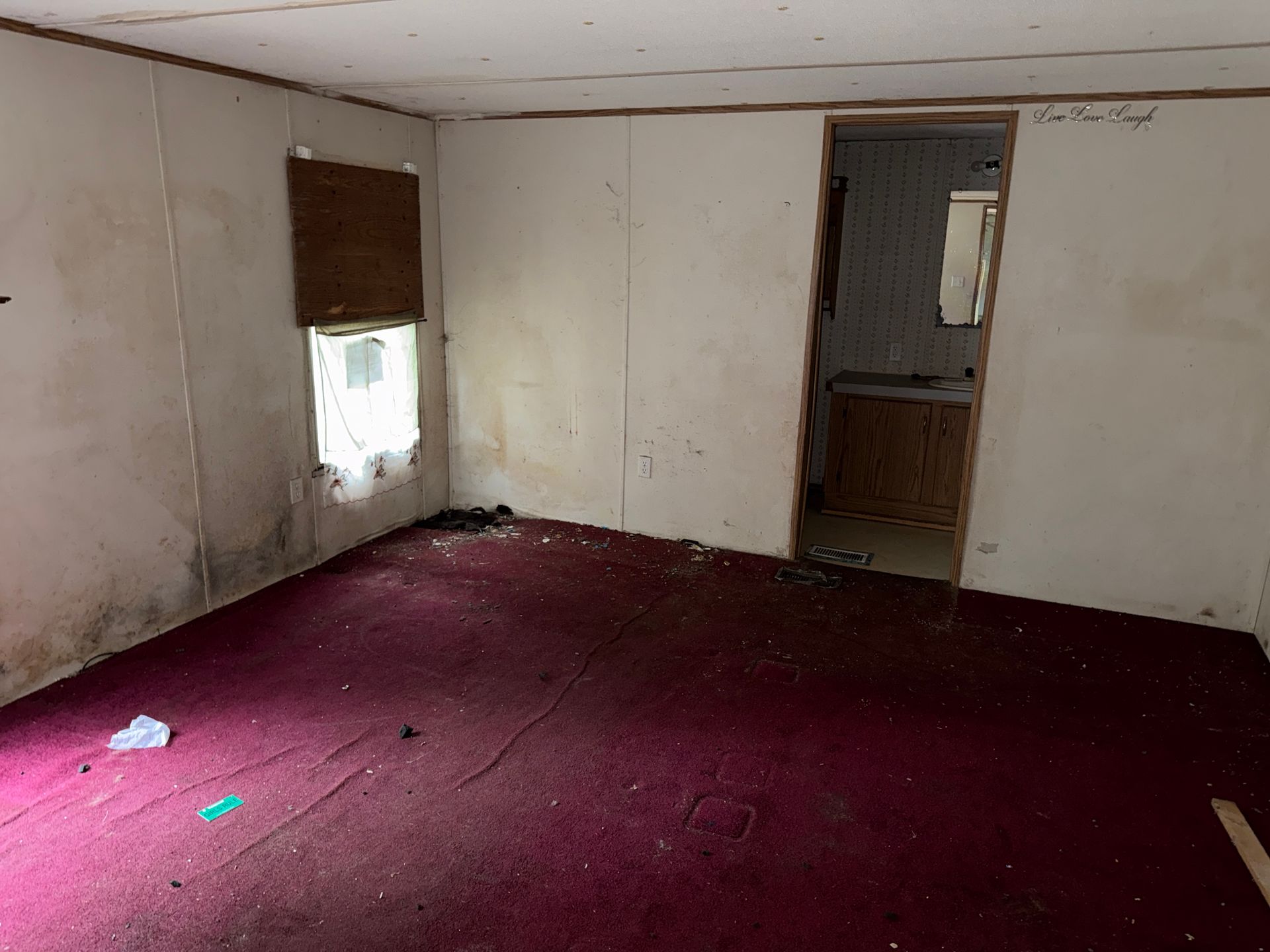 room with red carpet, white walls, and an open doorway to another room