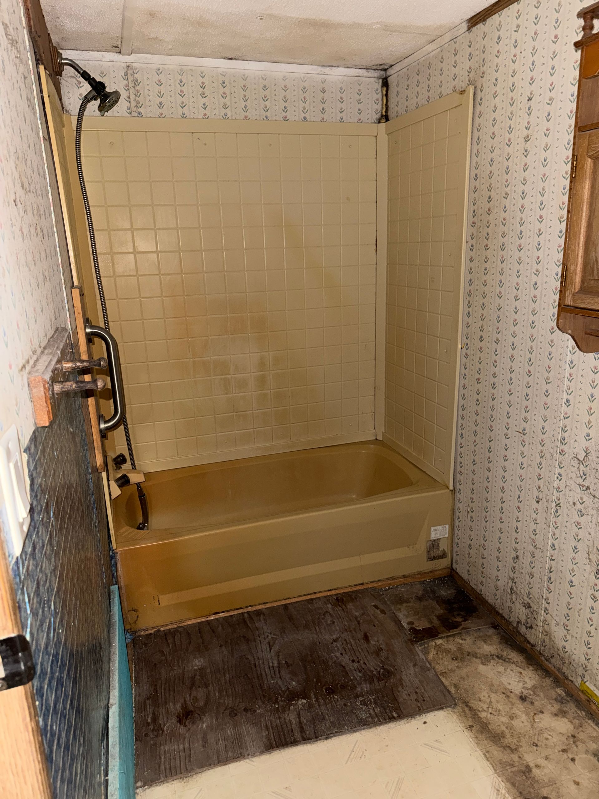 Small tiled shower stall with a beige tub and a black shower hose in a bathroom