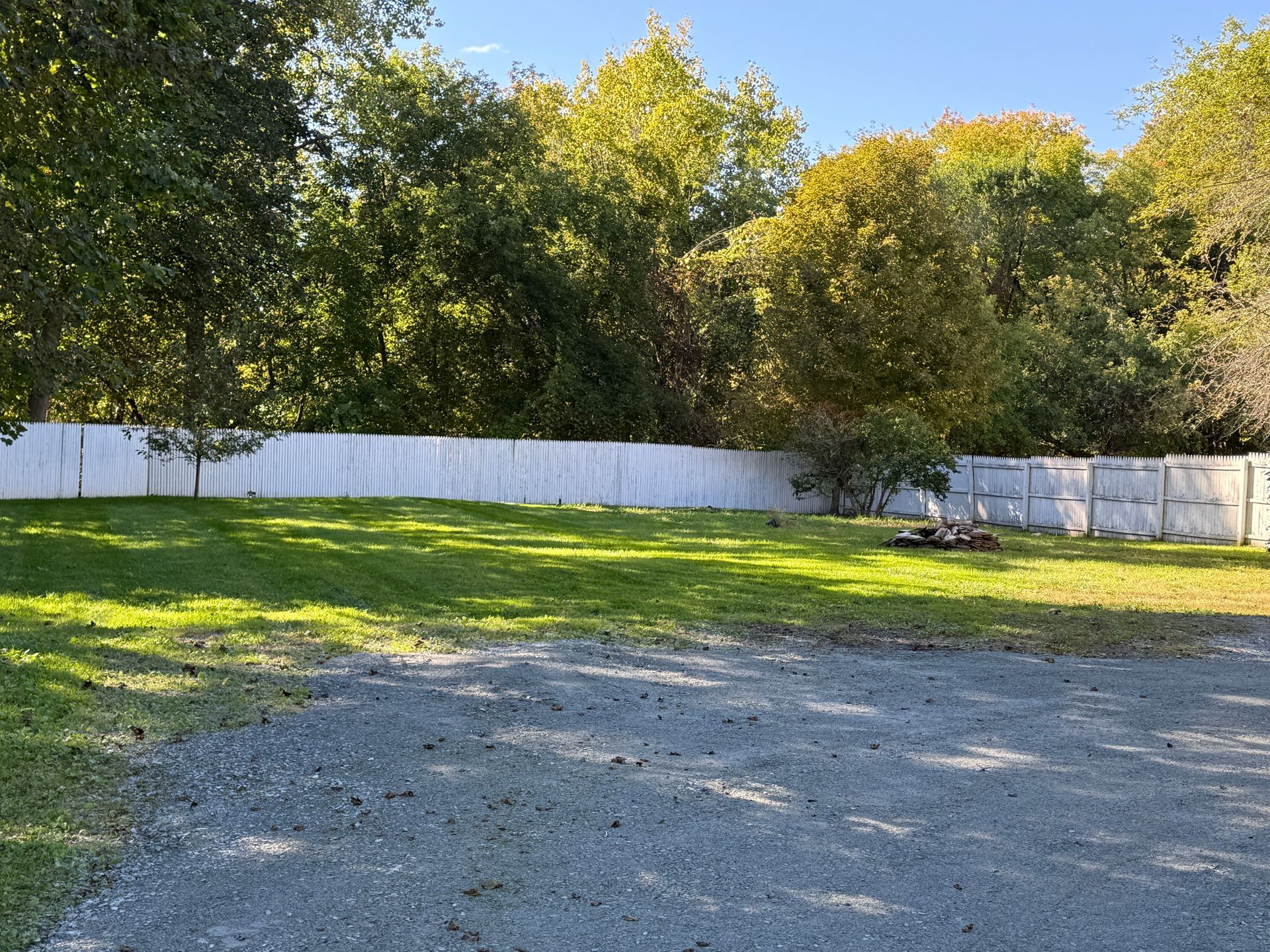 Gravel yard with a white fence and trees in bright sunlight