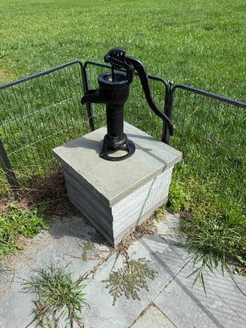 Black hand water pump on a concrete pedestal beside a metal fence and grassy path.