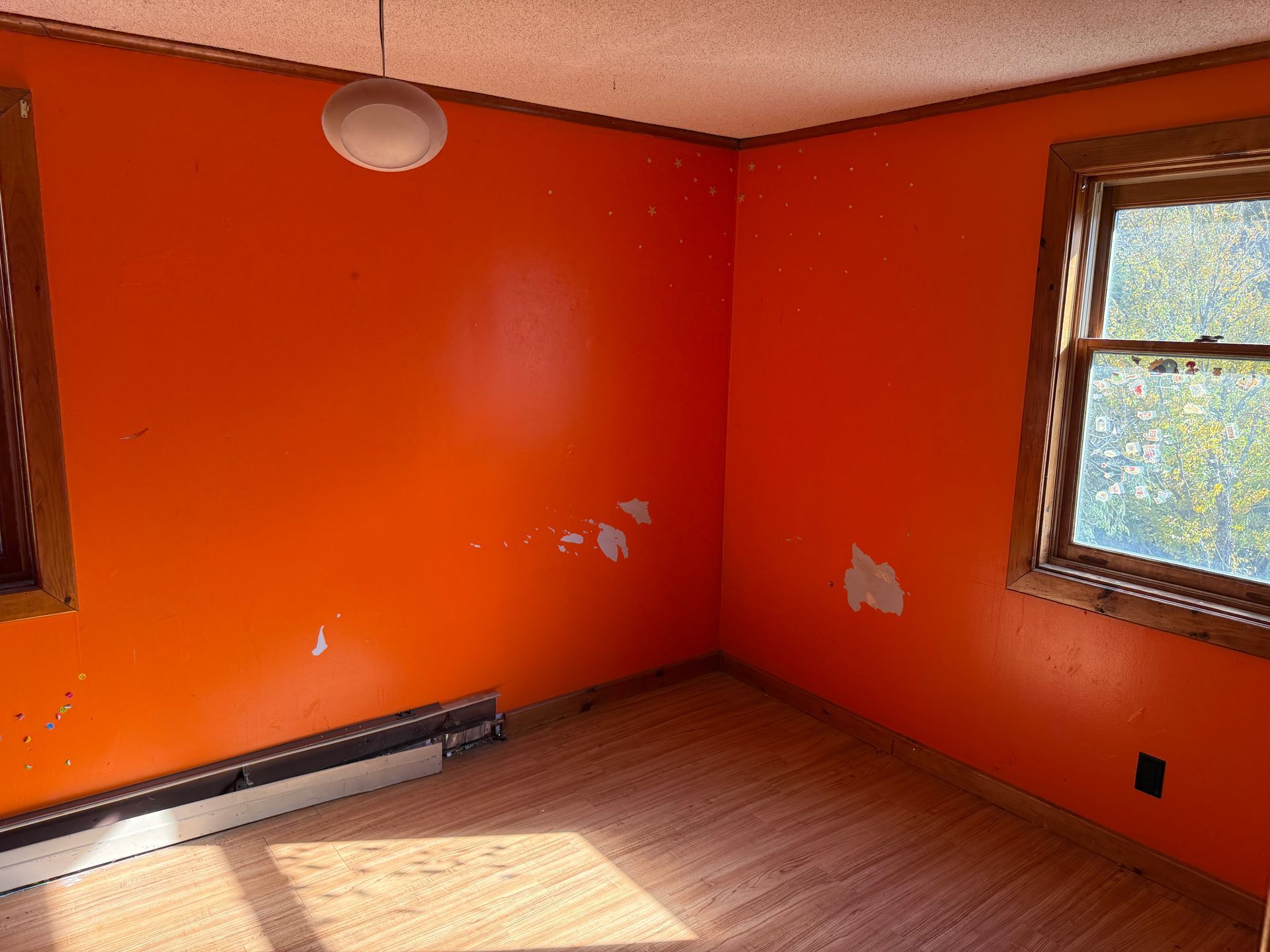Empty room with bright orange walls, two windows, and sunlight on a wood floor.