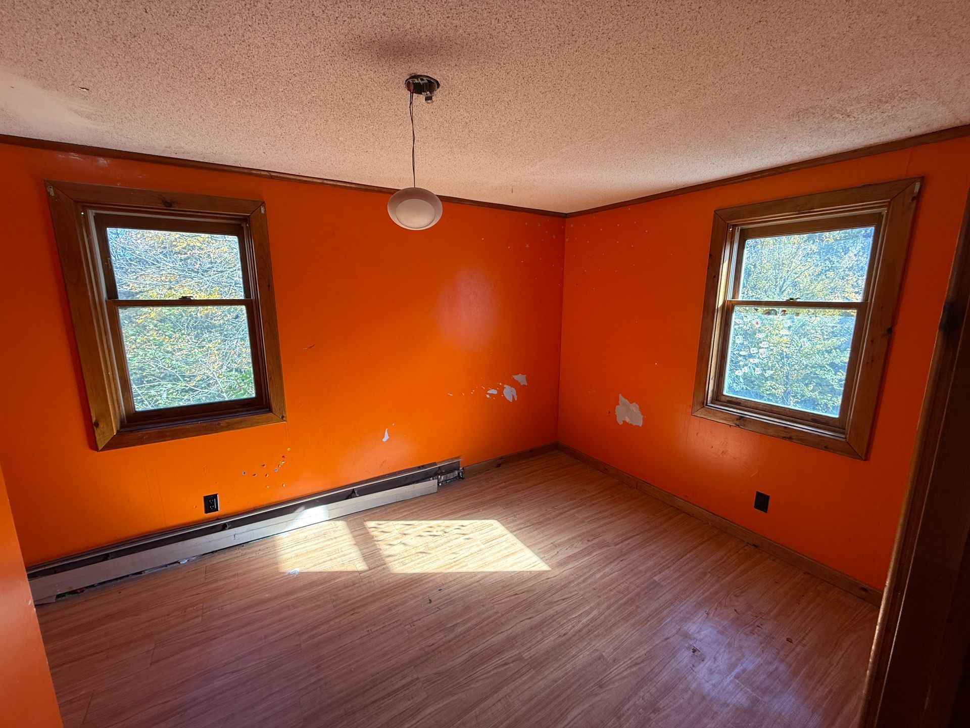Empty room with bright orange walls, wood floor, and two windows letting in sunlight.