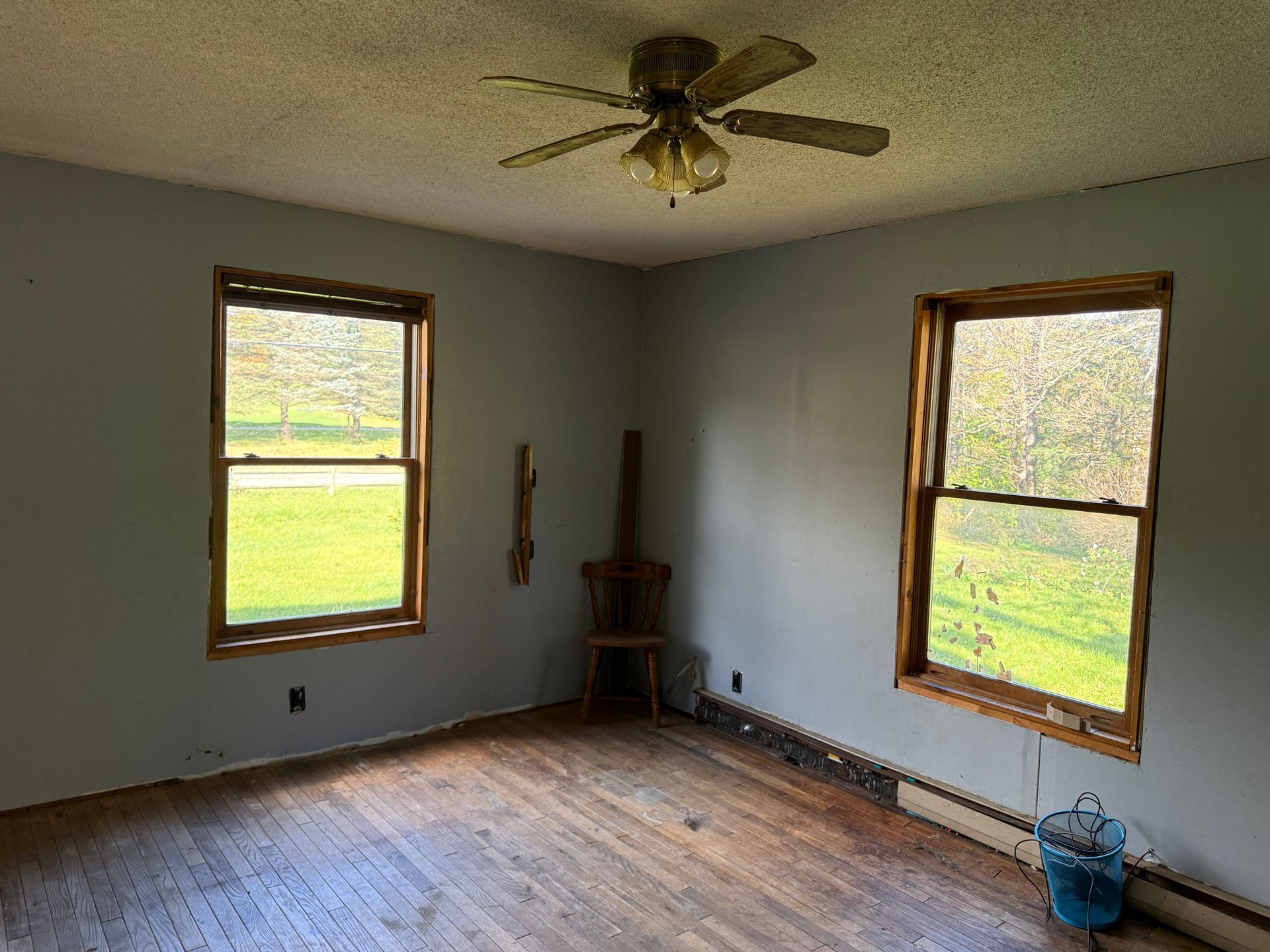 Empty room with wood floor, gray walls, two windows, and a ceiling fan.