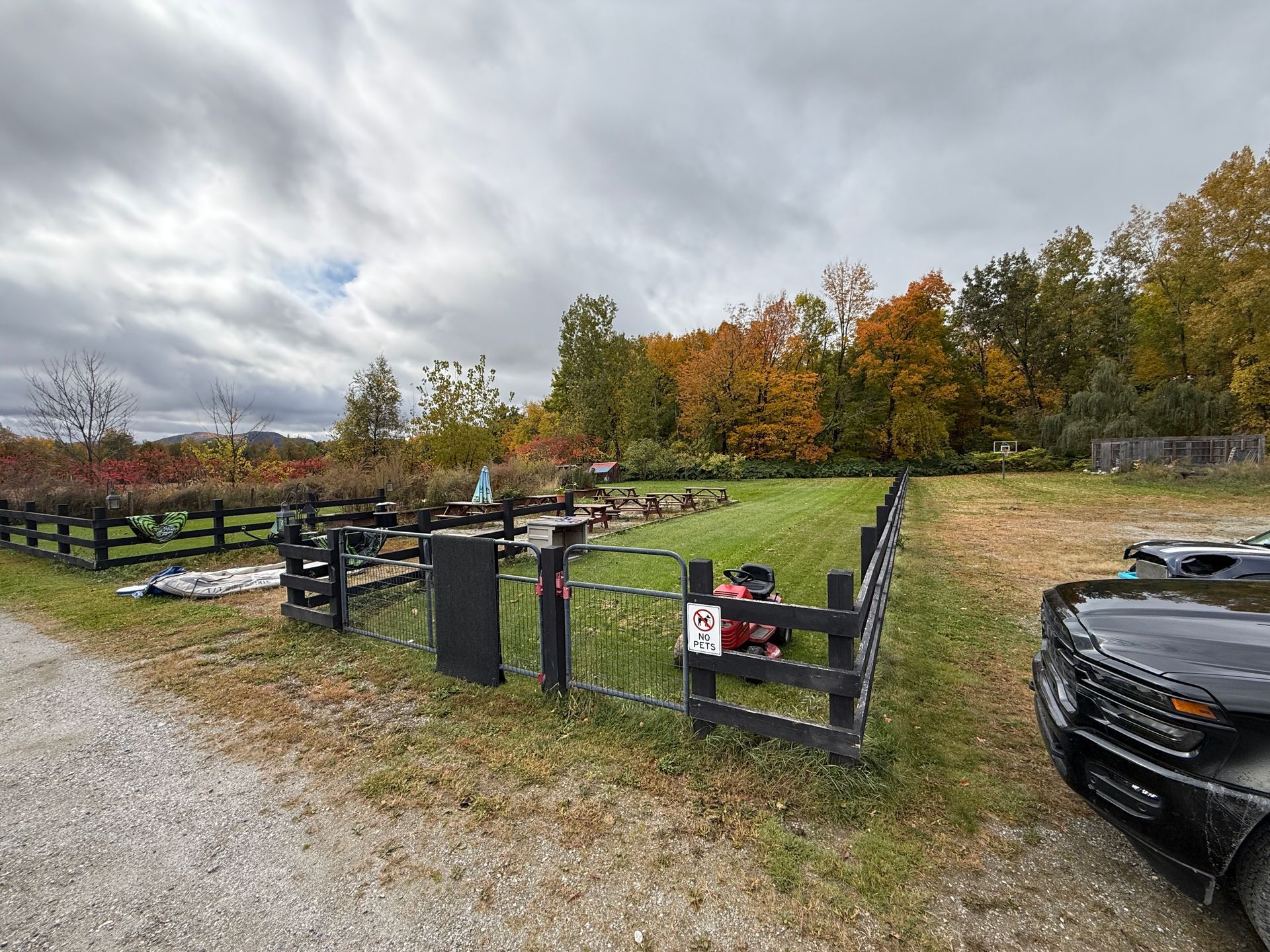 Gravel driveway with a black gate, parked vehicle, and autumn trees under a cloudy sky