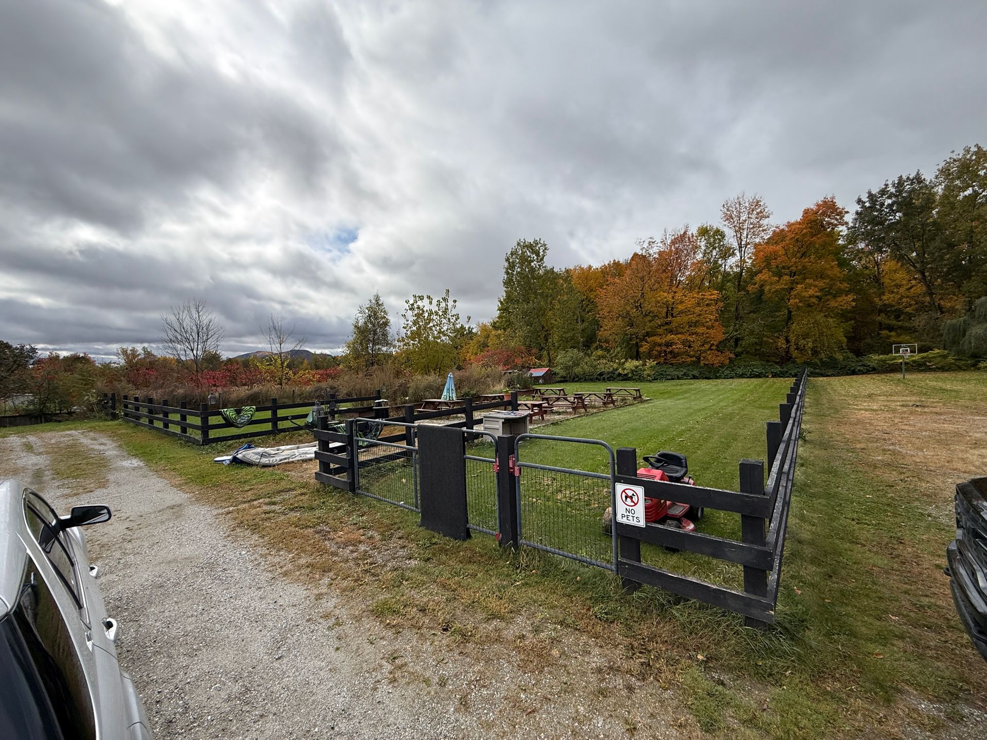Gravel road beside black fence and grassy field under cloudy sky, with autumn trees in the background