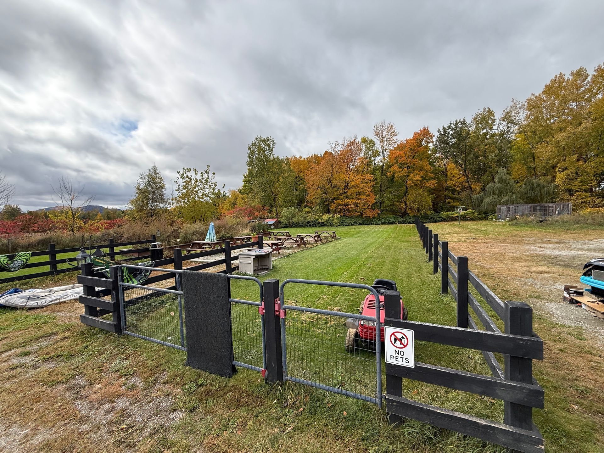 Fenced grassy area with black gates, gravel path, and autumn trees under a cloudy sky