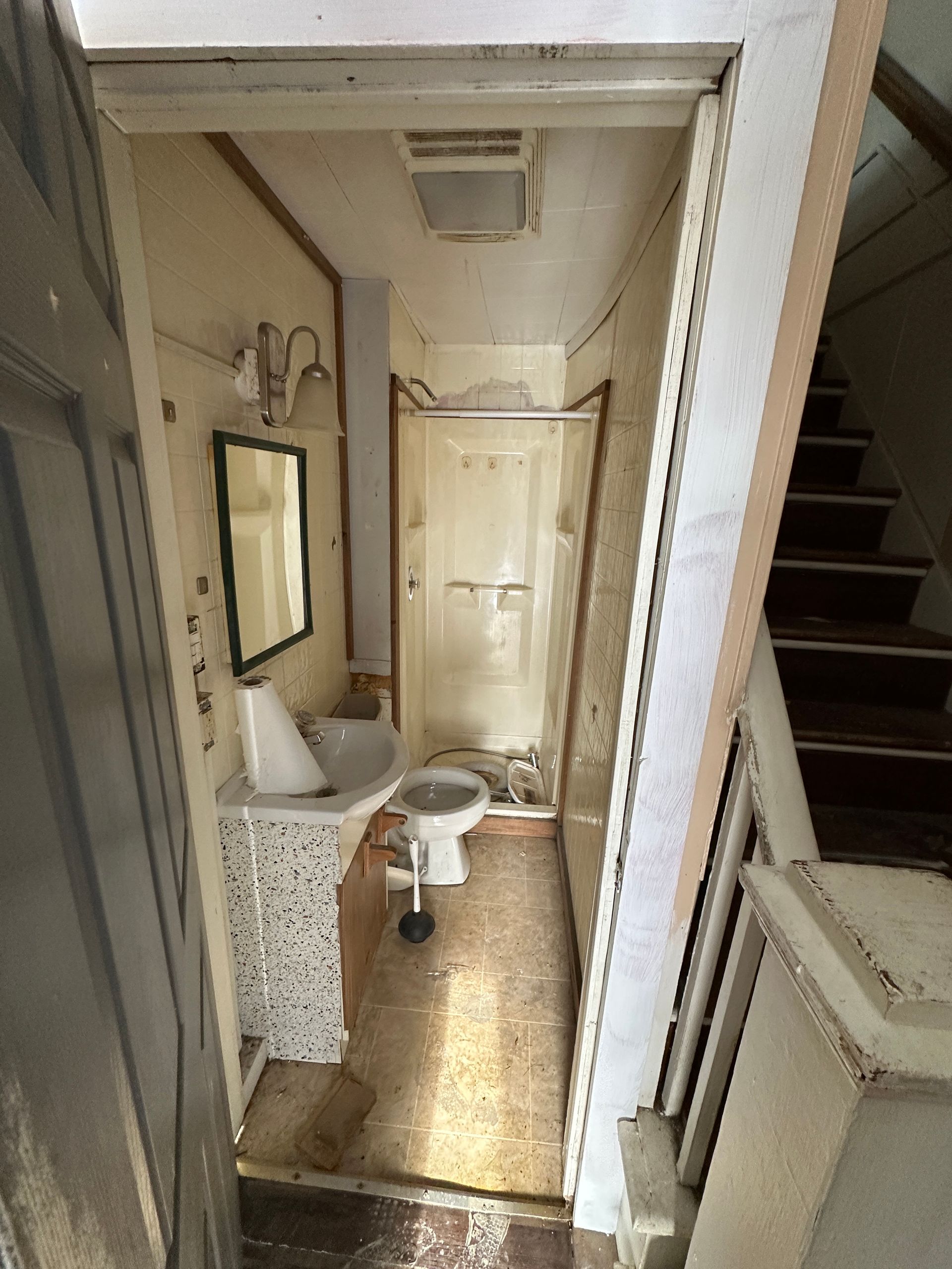 Bathroom with toilet, sink, and shower. Stairs on the right, and a small skylight.