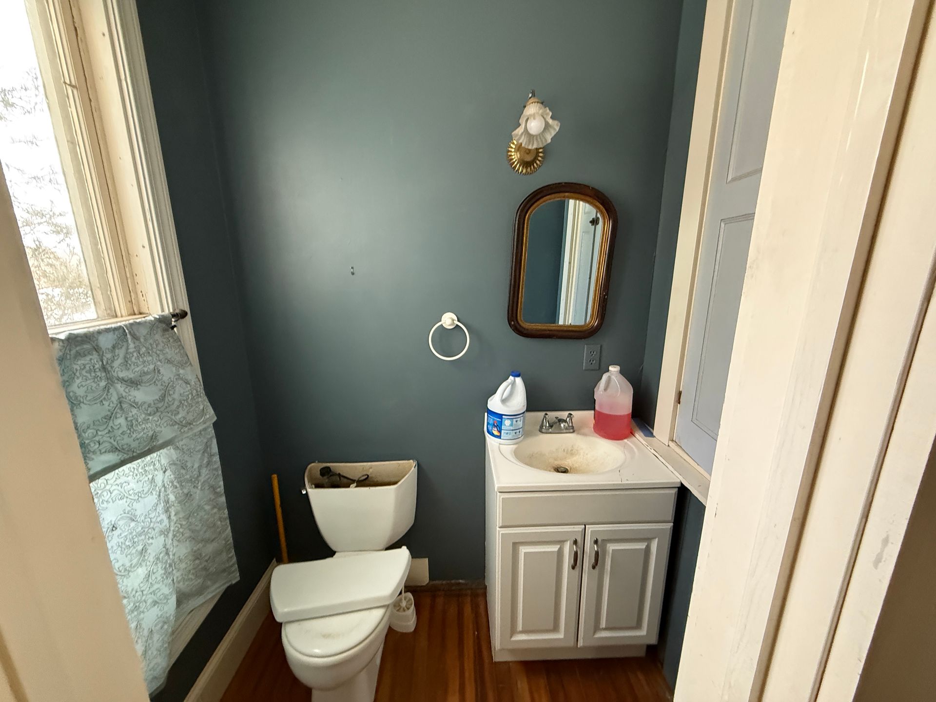 Bathroom with a toilet, sink, and mirror; blue walls and wood floors.