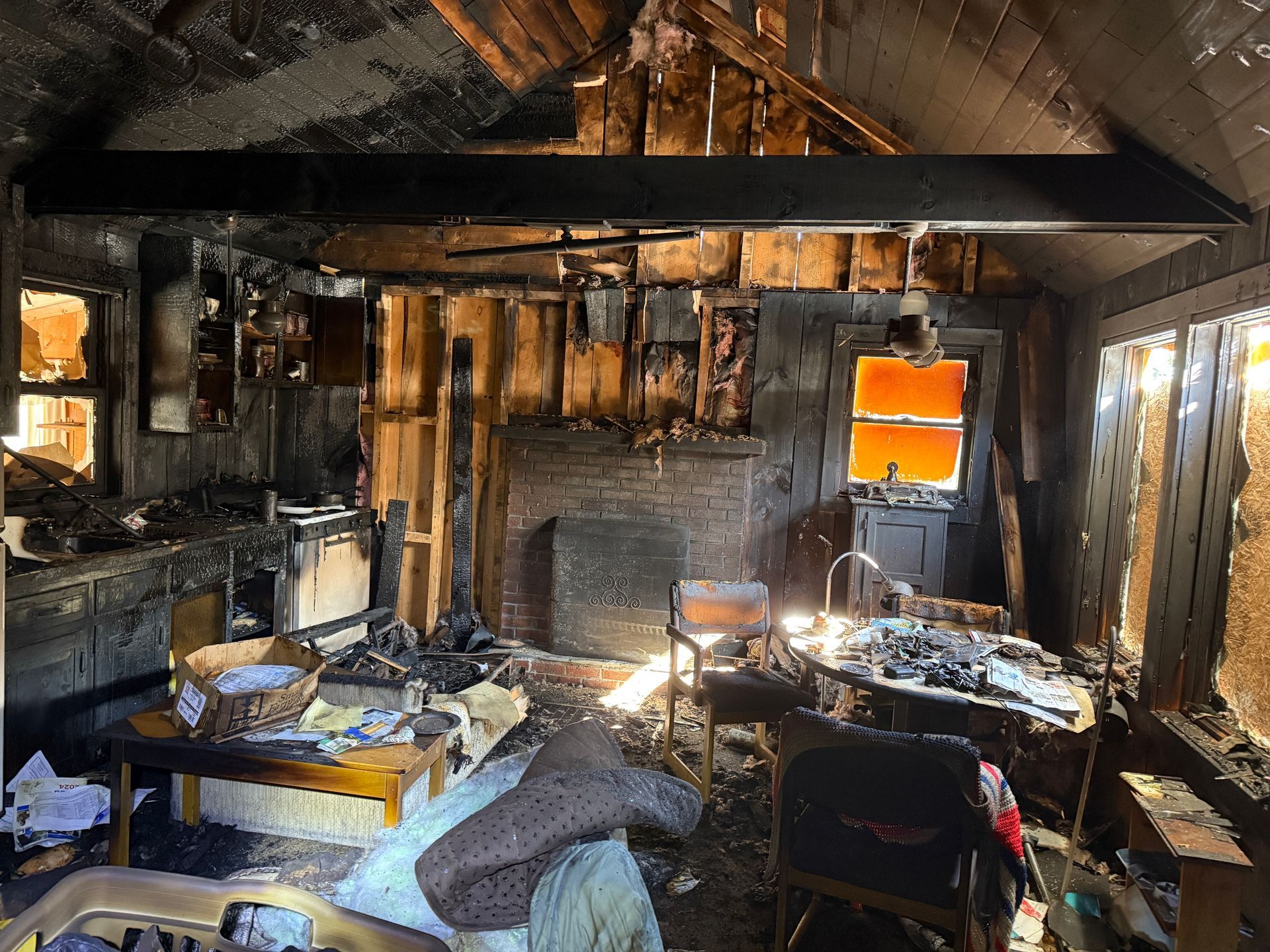 Interior room with fire damage.