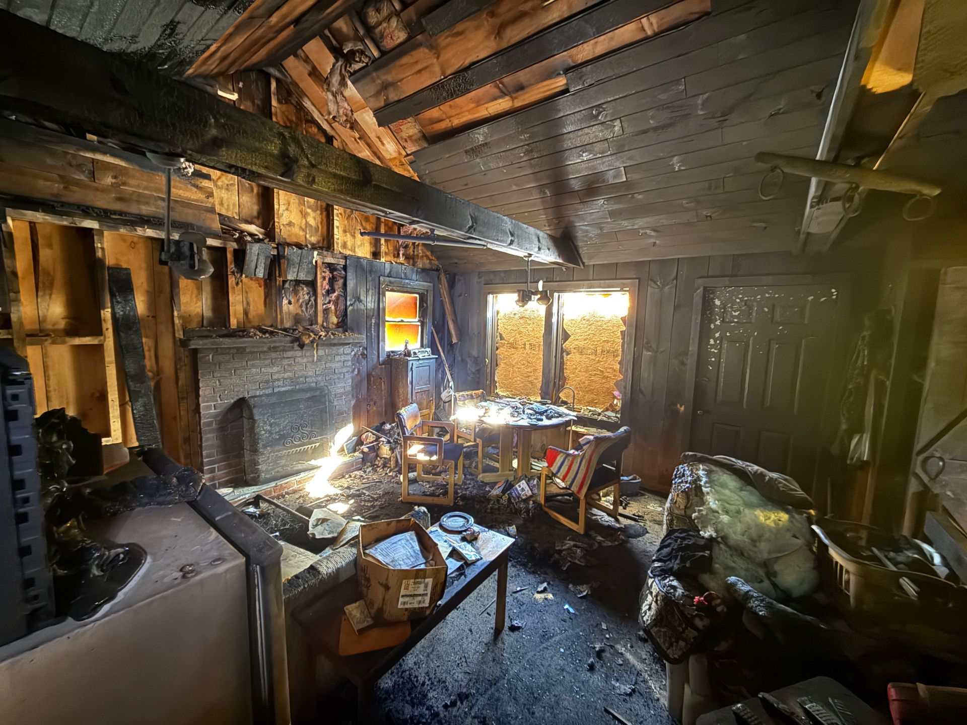 Interior of a room with fire damage.