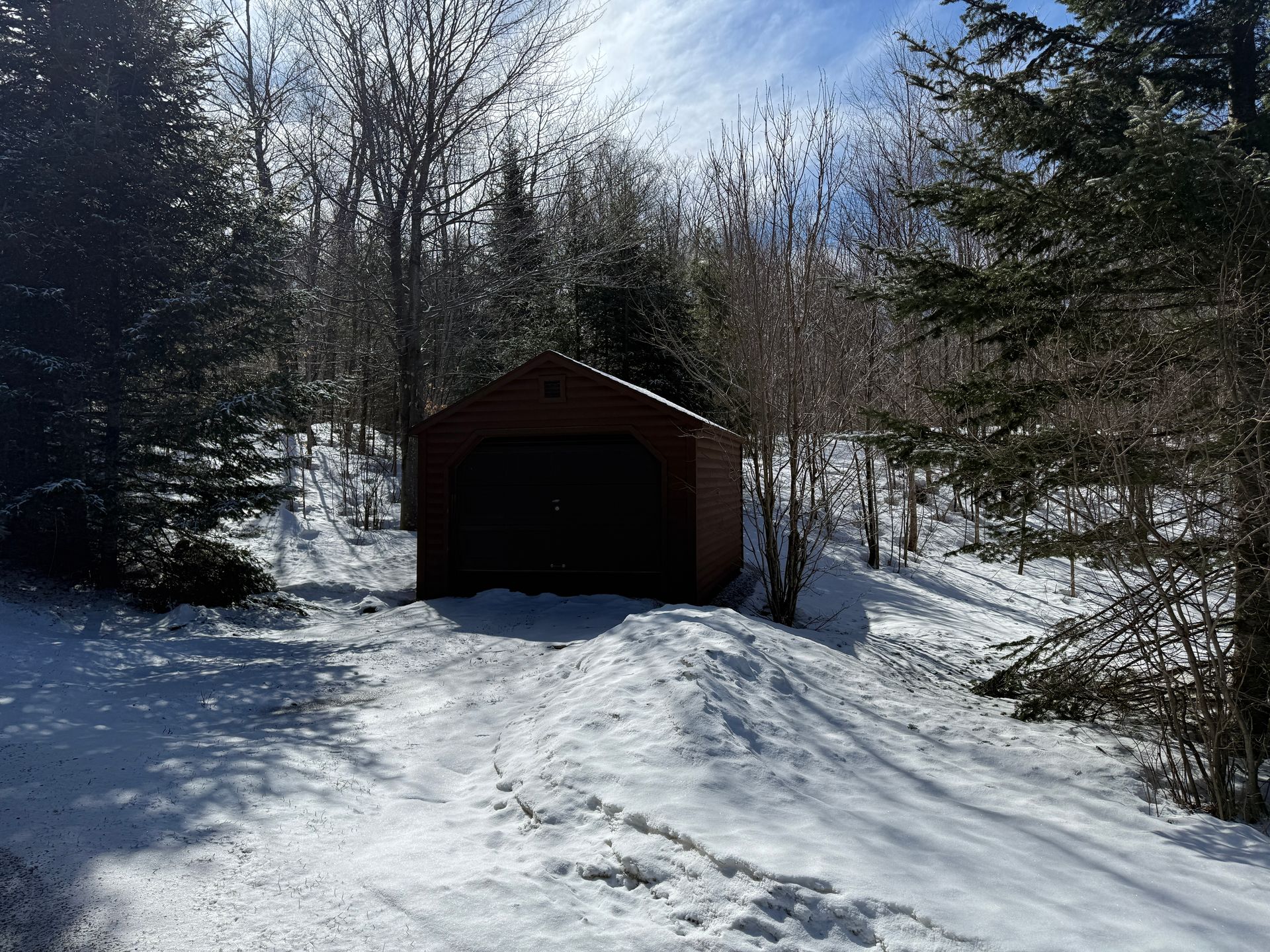 A snow-covered driveway leads to a dark brown garage in a wintery forest setting with a partly cloudy sky.