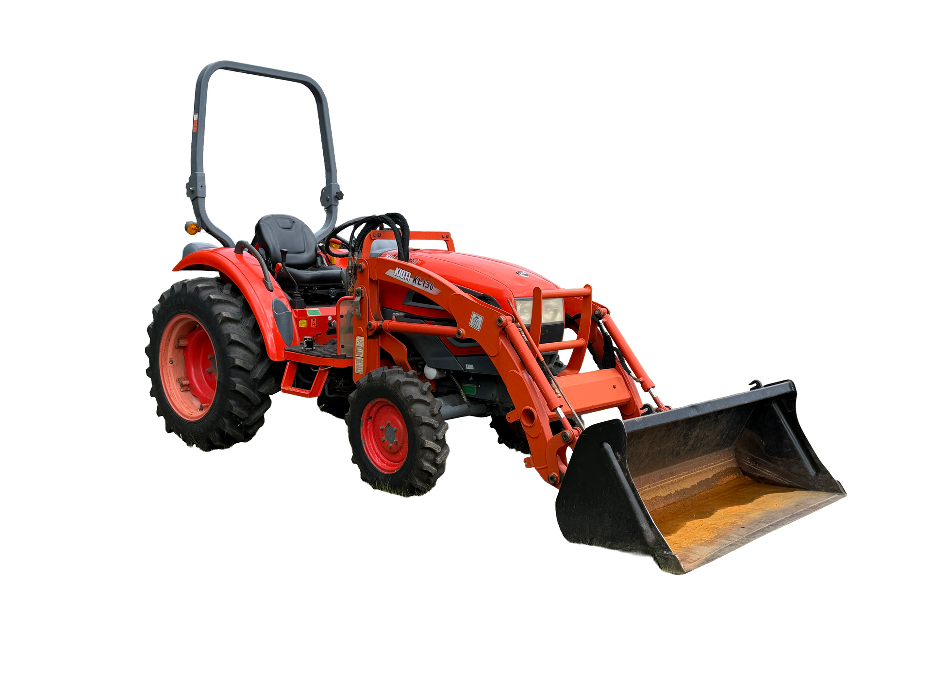 Red tractor with front loader and bucket on a white background