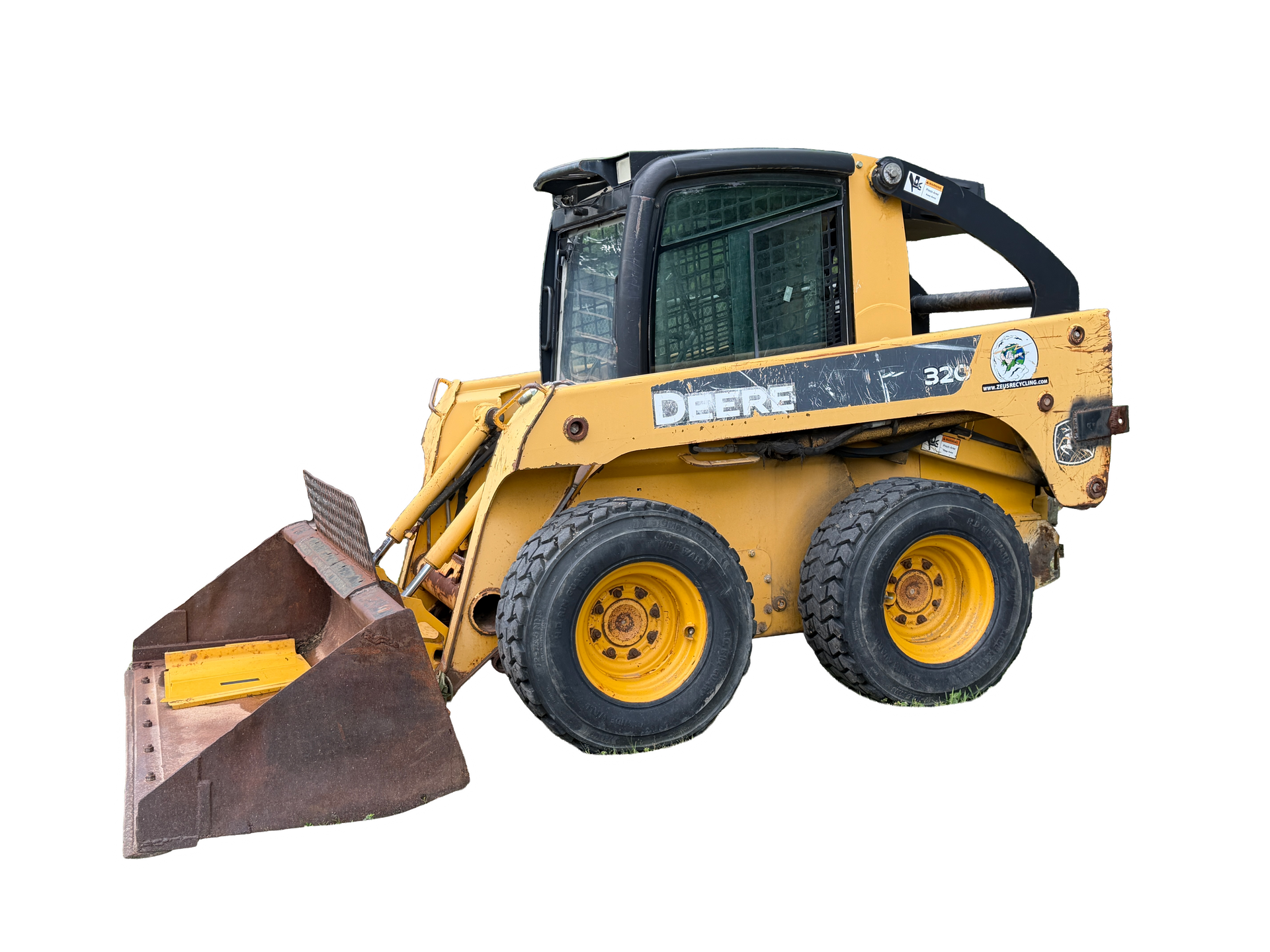 Yellow John Deere skid steer loader with a front bucket, side view on a white background