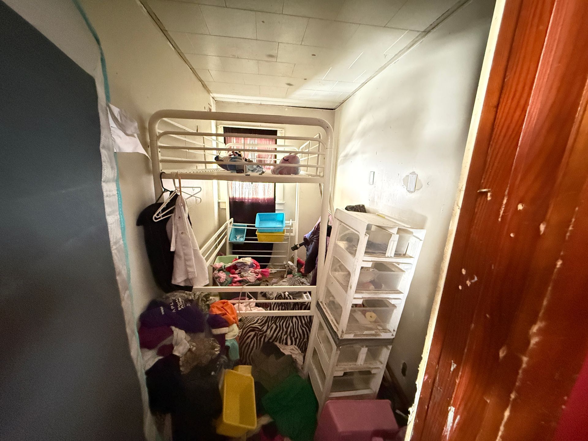 A room containing a bunk bed, a plastic storage unit.