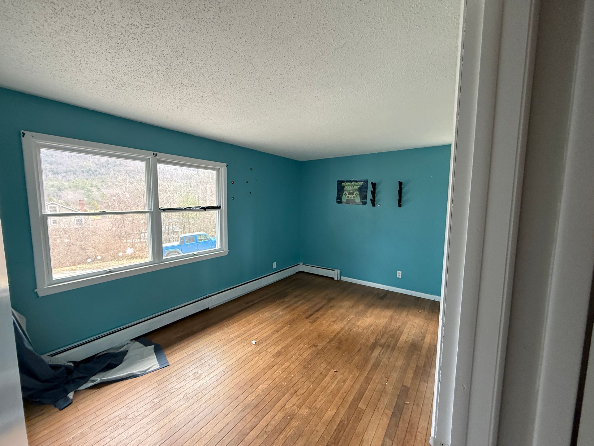 Empty room with teal walls, wood floor, and large window.