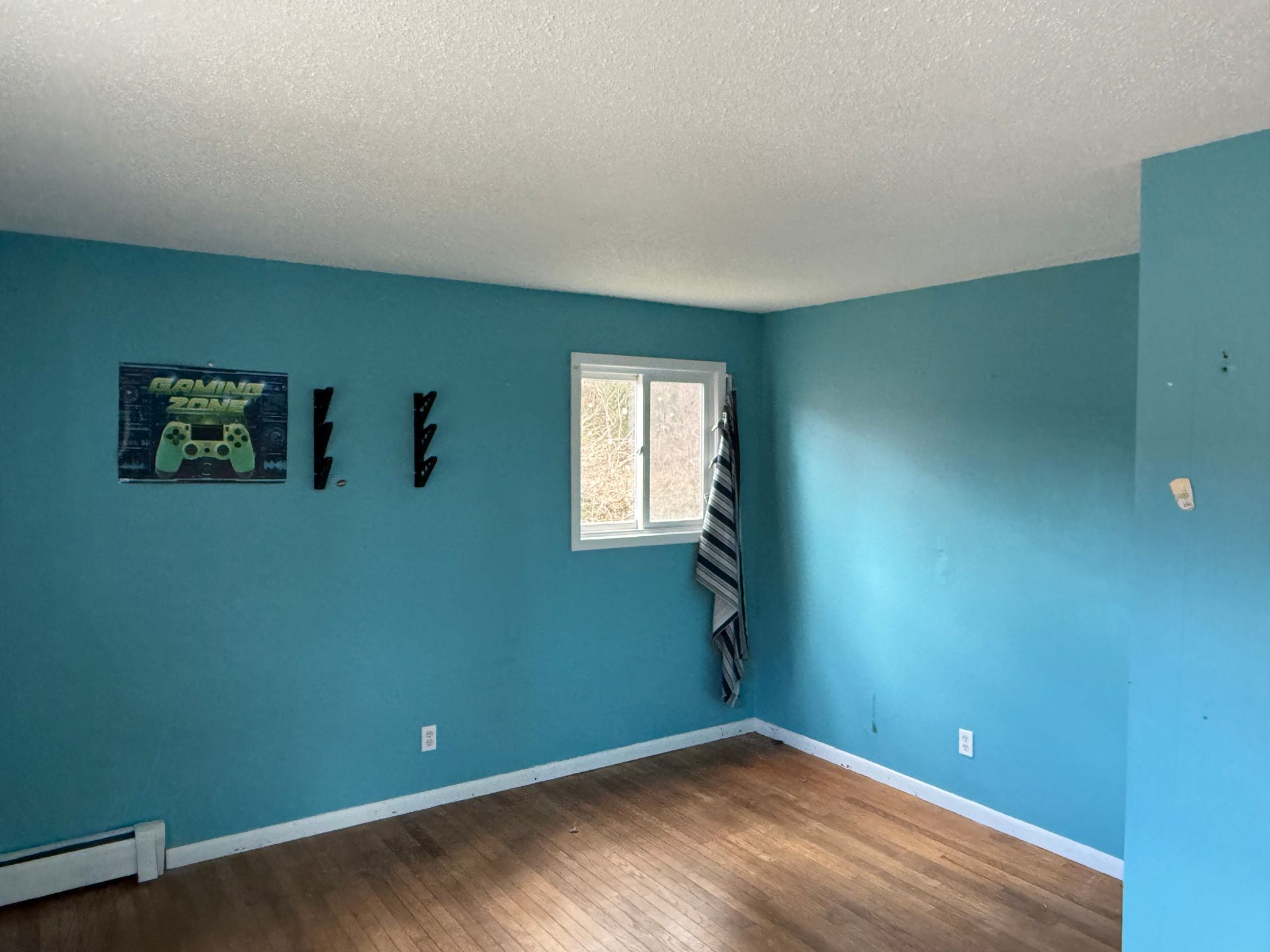 Empty room with turquoise walls, window, and wooden floor.