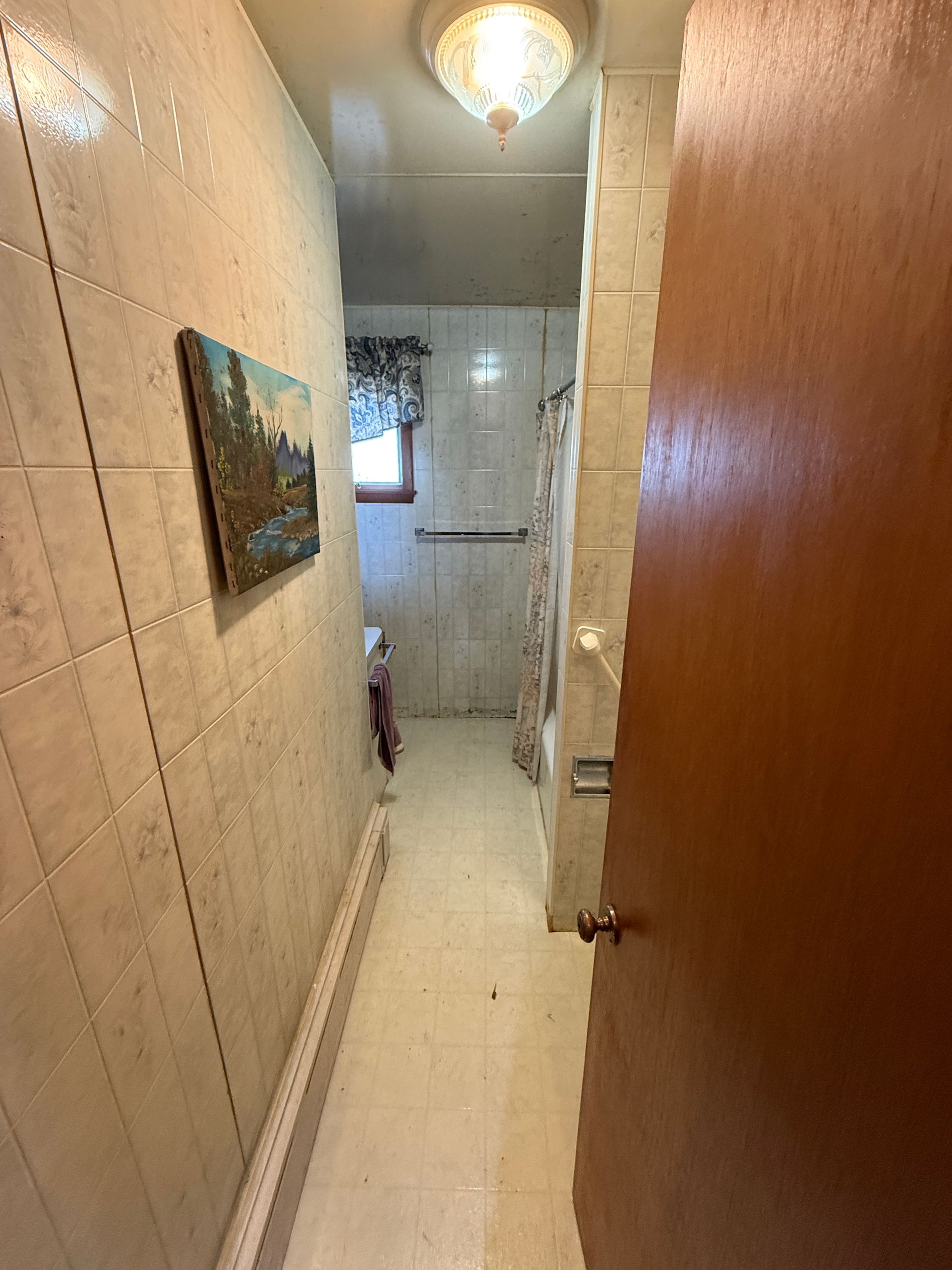 Bathroom with tile walls, a painting, and a partially open brown door.