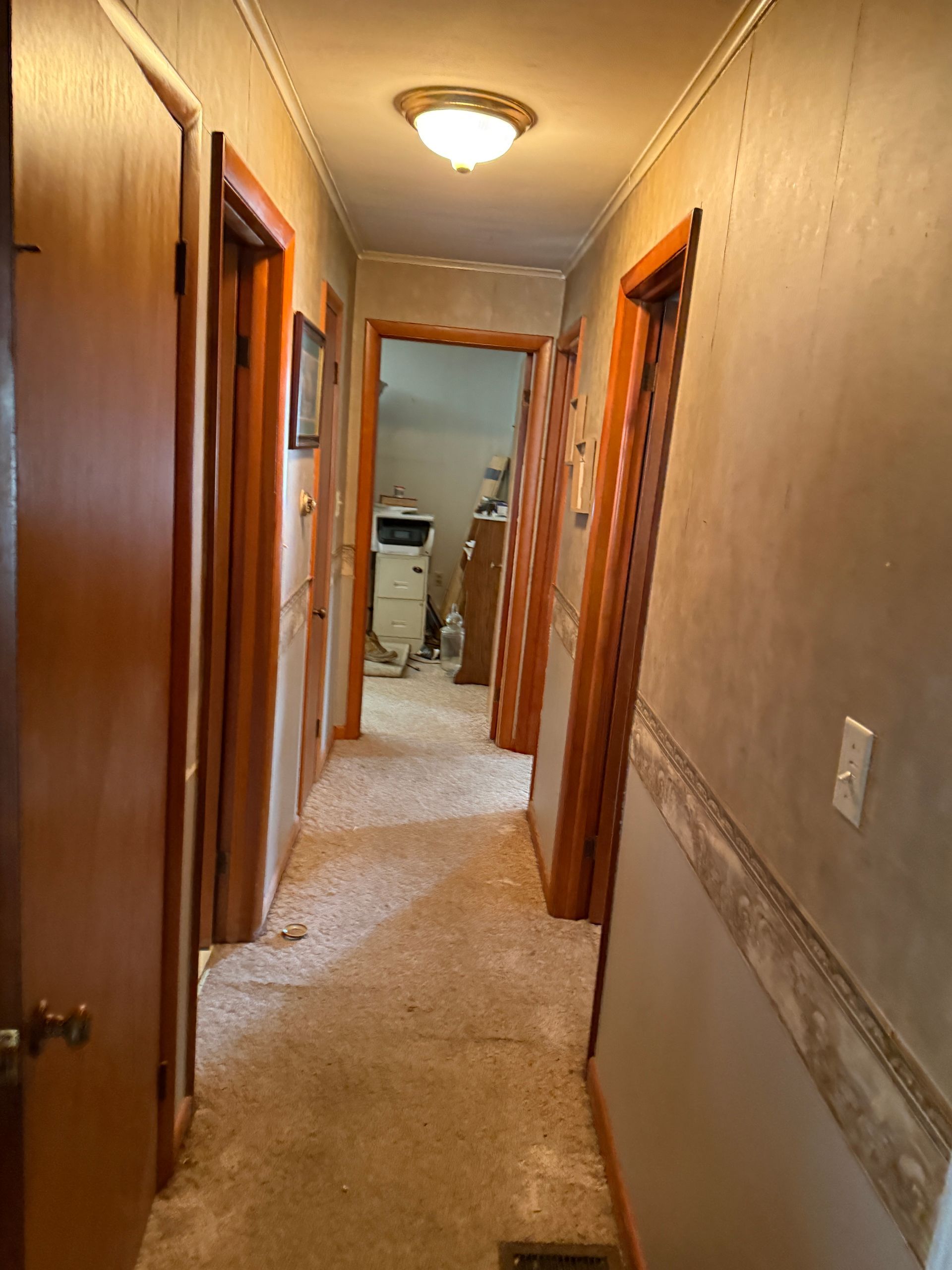 Hallway with doors, carpet, and wallpaper. A light fixture is in the ceiling.