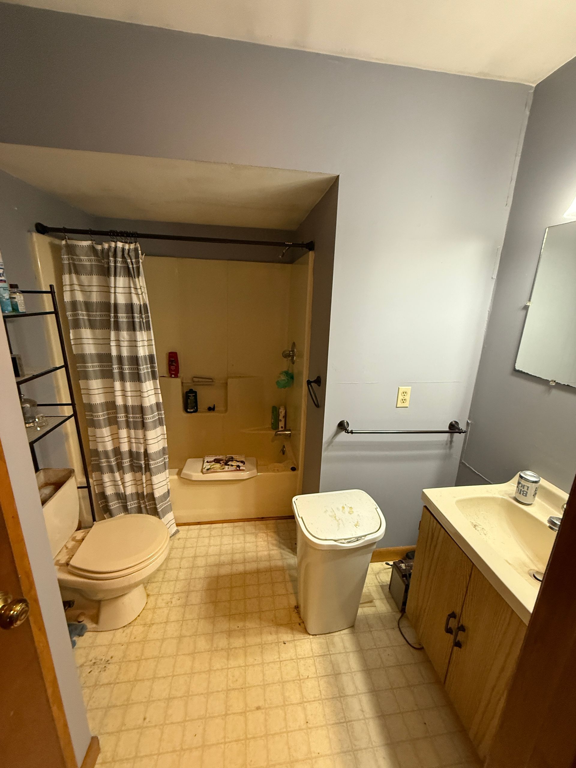 Bathroom with blue walls, shower, toilet, sink.