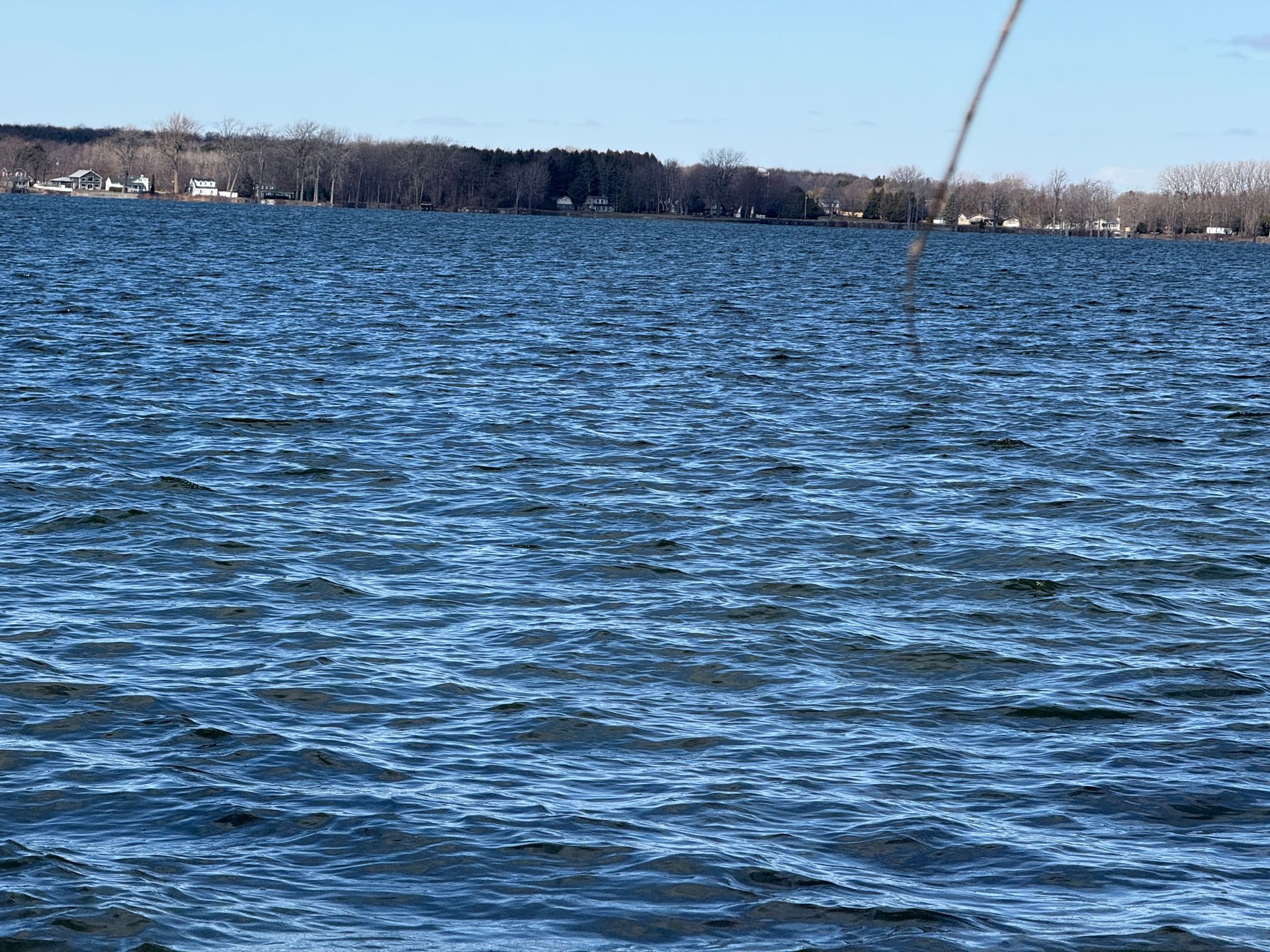 Wavy blue water with treeline and houses on the horizon under a bright sky.