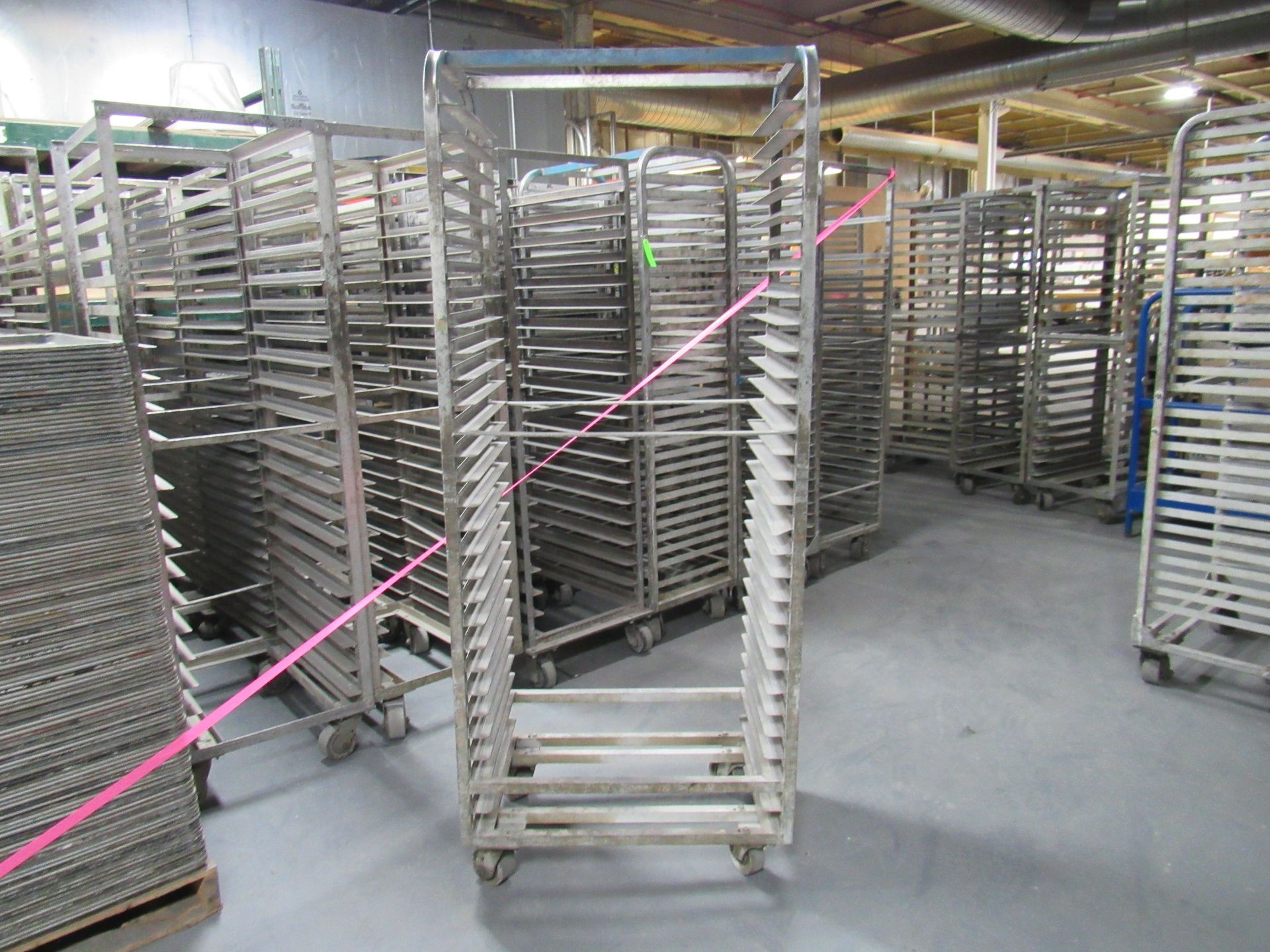 Several stainless steel tray racks inside a factory or warehouse.