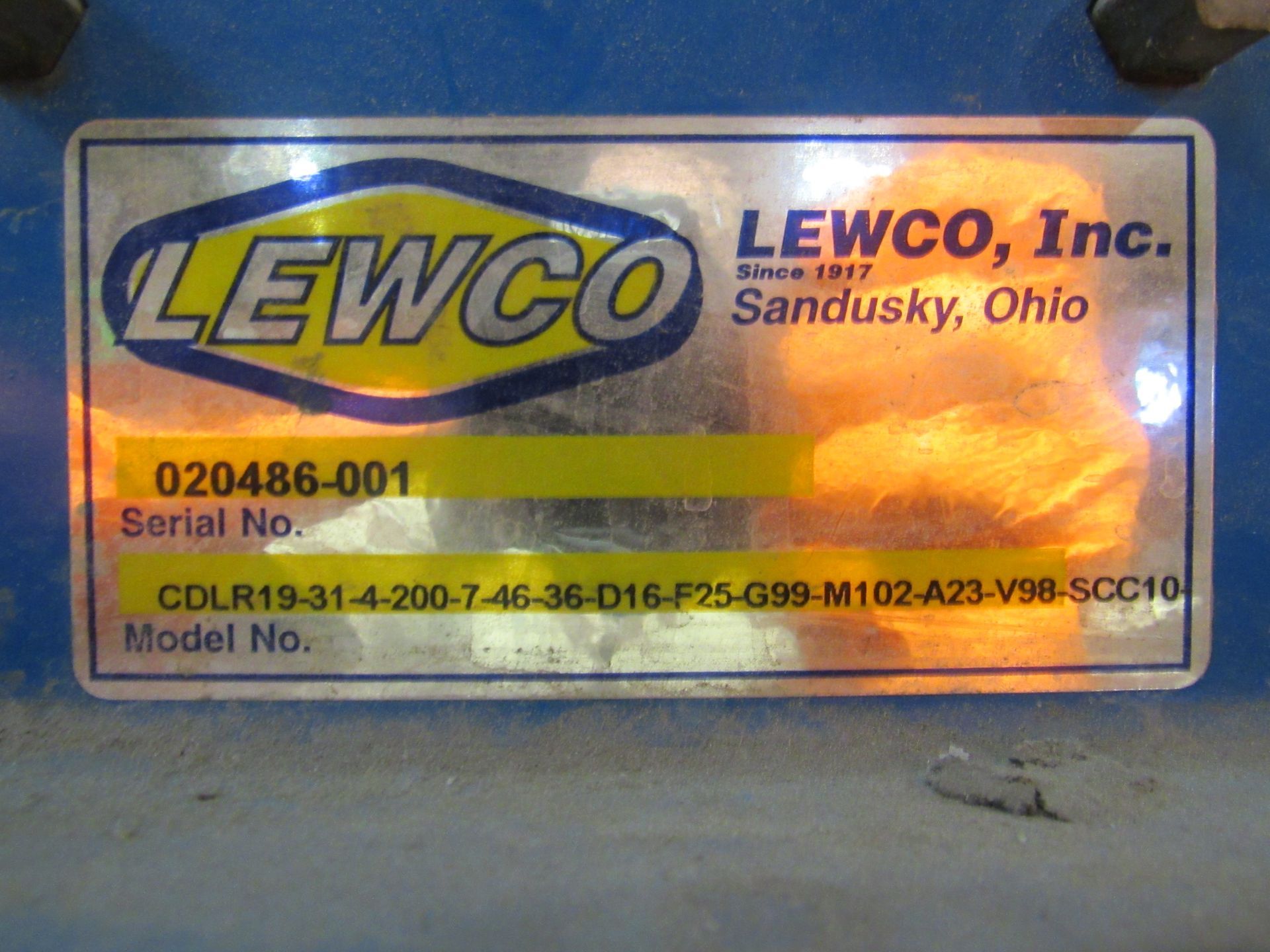 Nameplate for LEWCO, Inc. from Sandusky, Ohio, with serial and model numbers.