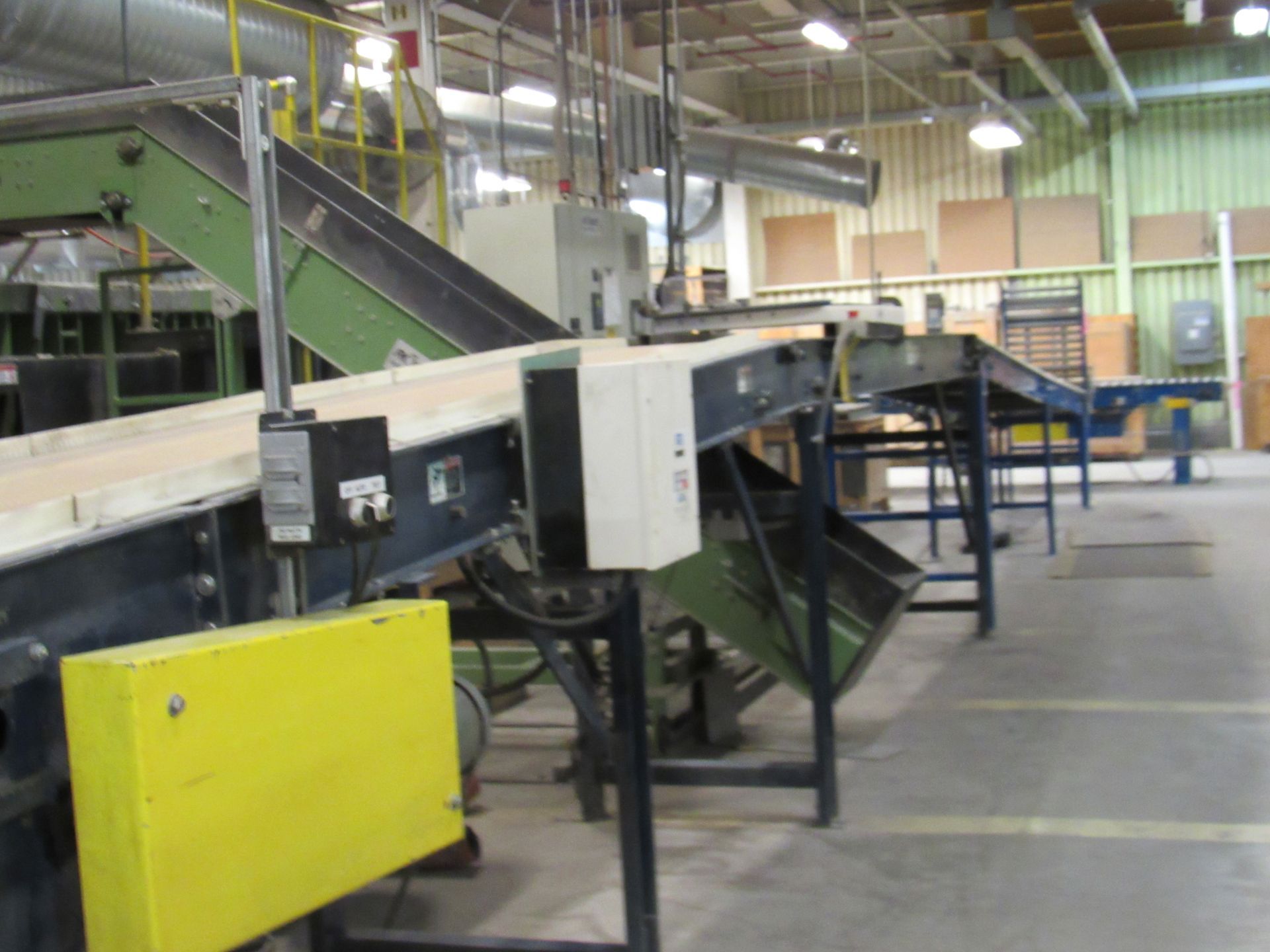 Industrial conveyor belts in a factory, with a yellow electrical box.