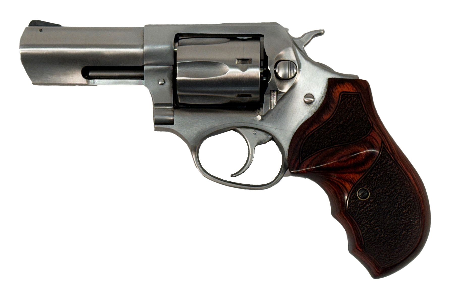 Silver revolver with a brown wooden grip.