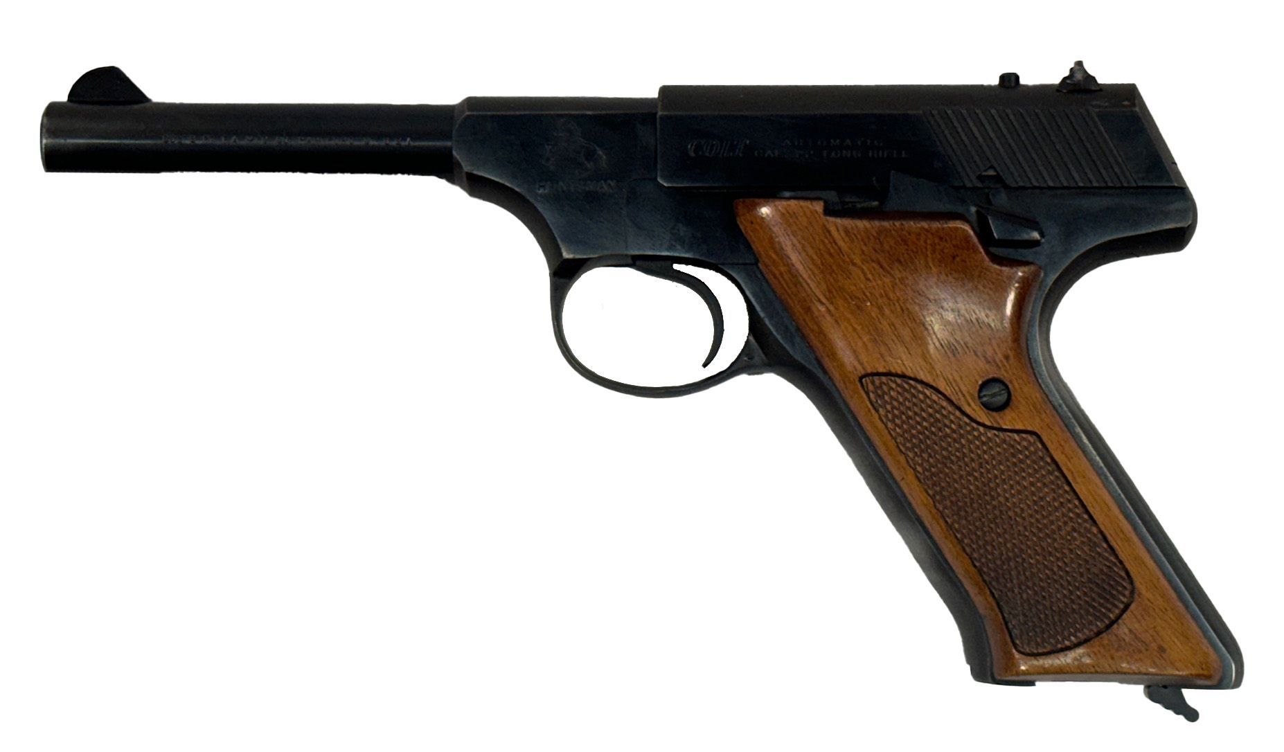 Black semi-automatic pistol with wooden grip, against a white background.