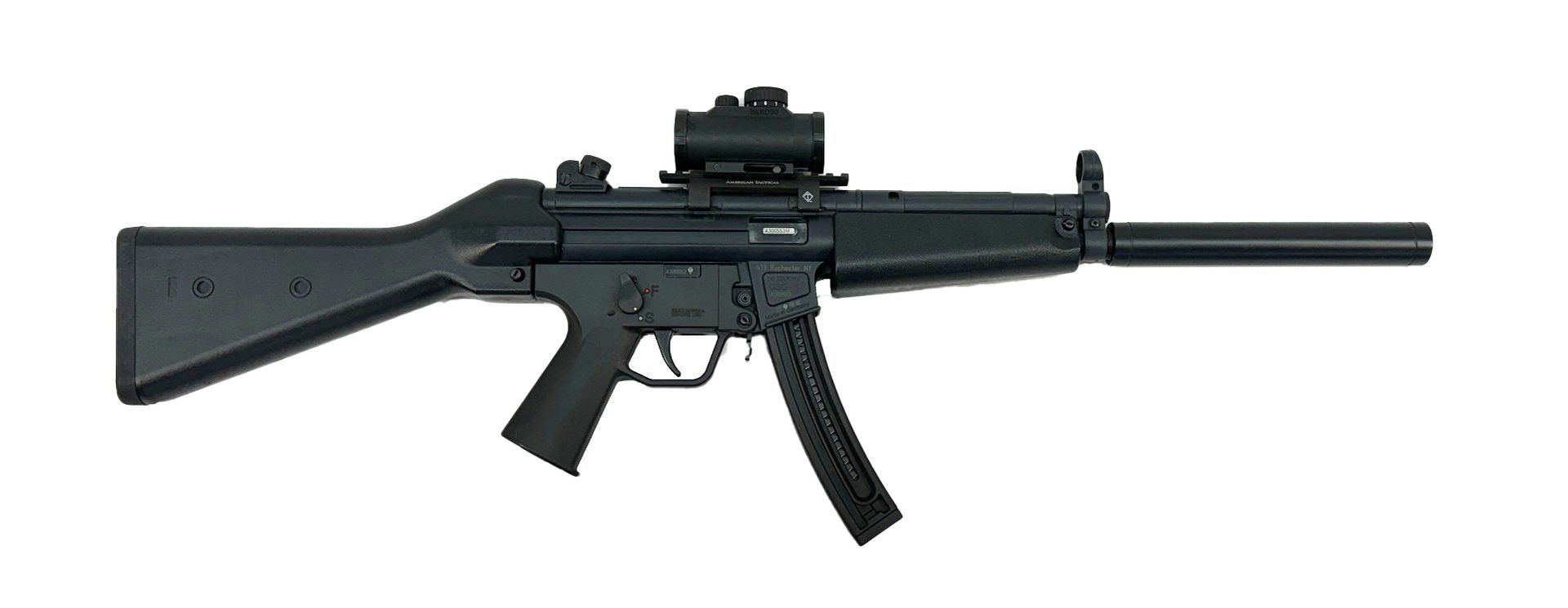 Black submachine gun with a silencer and scope.