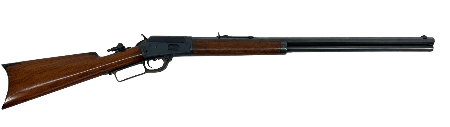 Brown and black lever-action rifle on a white background.