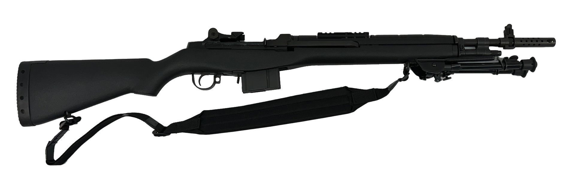 Black rifle with a sling and bipod.