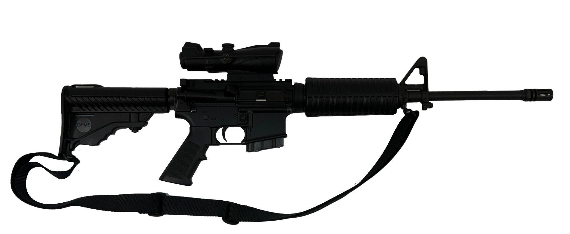 Black rifle with a scope, and strap.