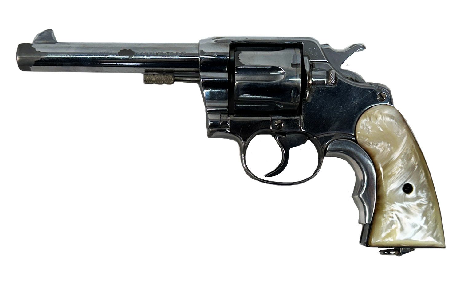 Black revolver with pearl handle, set against a white background.