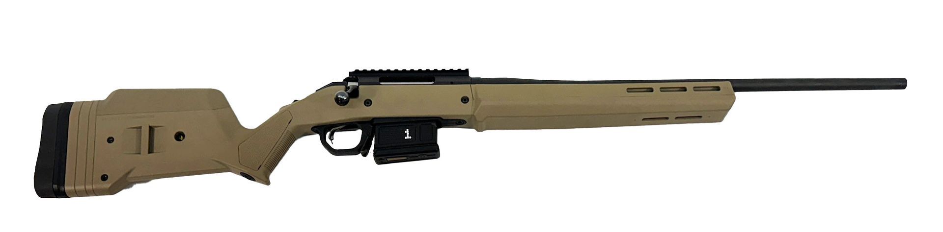Tan bolt-action rifle with a black barrel and magazine, set against a white background.