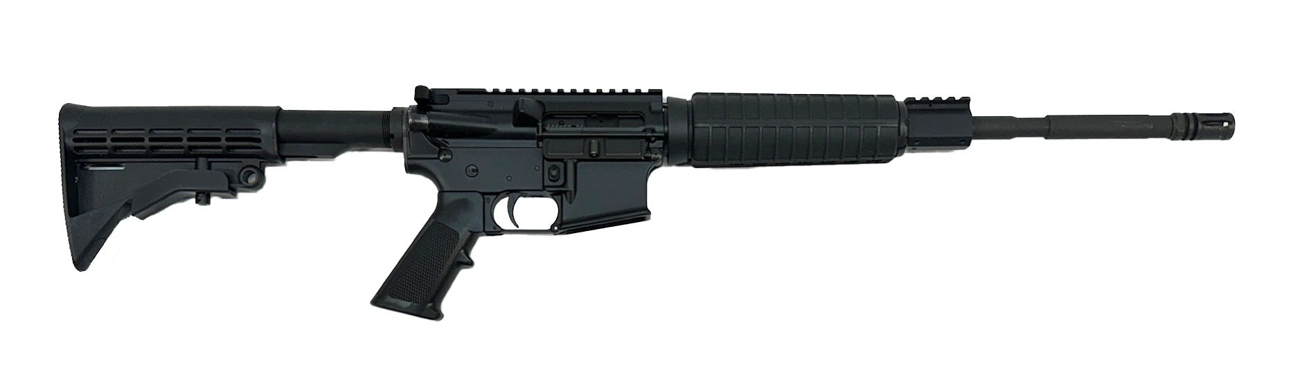 Black AR-15 style rifle with a black stock, handguard, and barrel.
