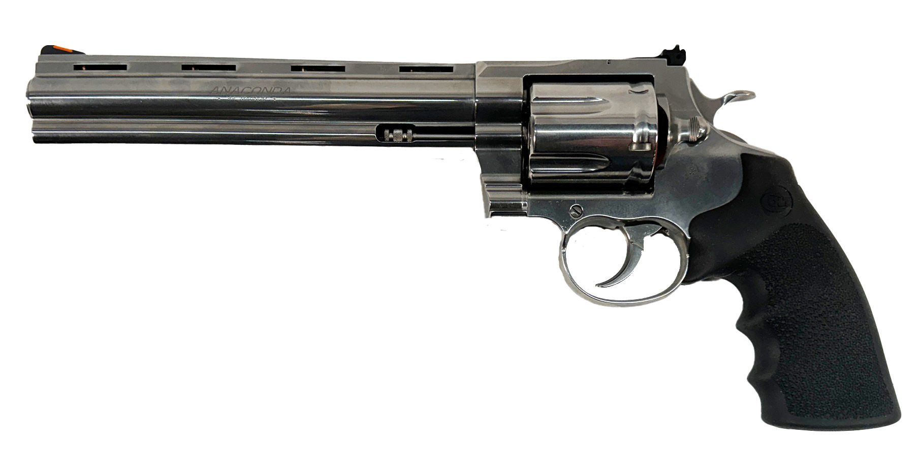 Shiny, black Colt Python revolver with a textured grip, isolated on white.