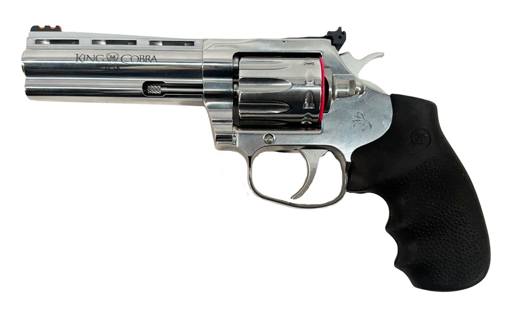 Shiny silver revolver with black grip.