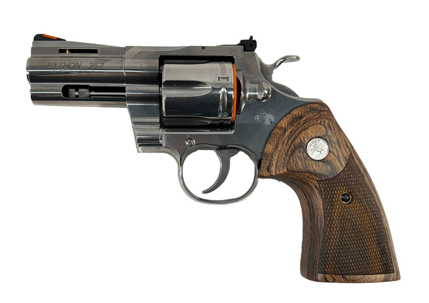 Polished silver Colt Python revolver with wooden grip.