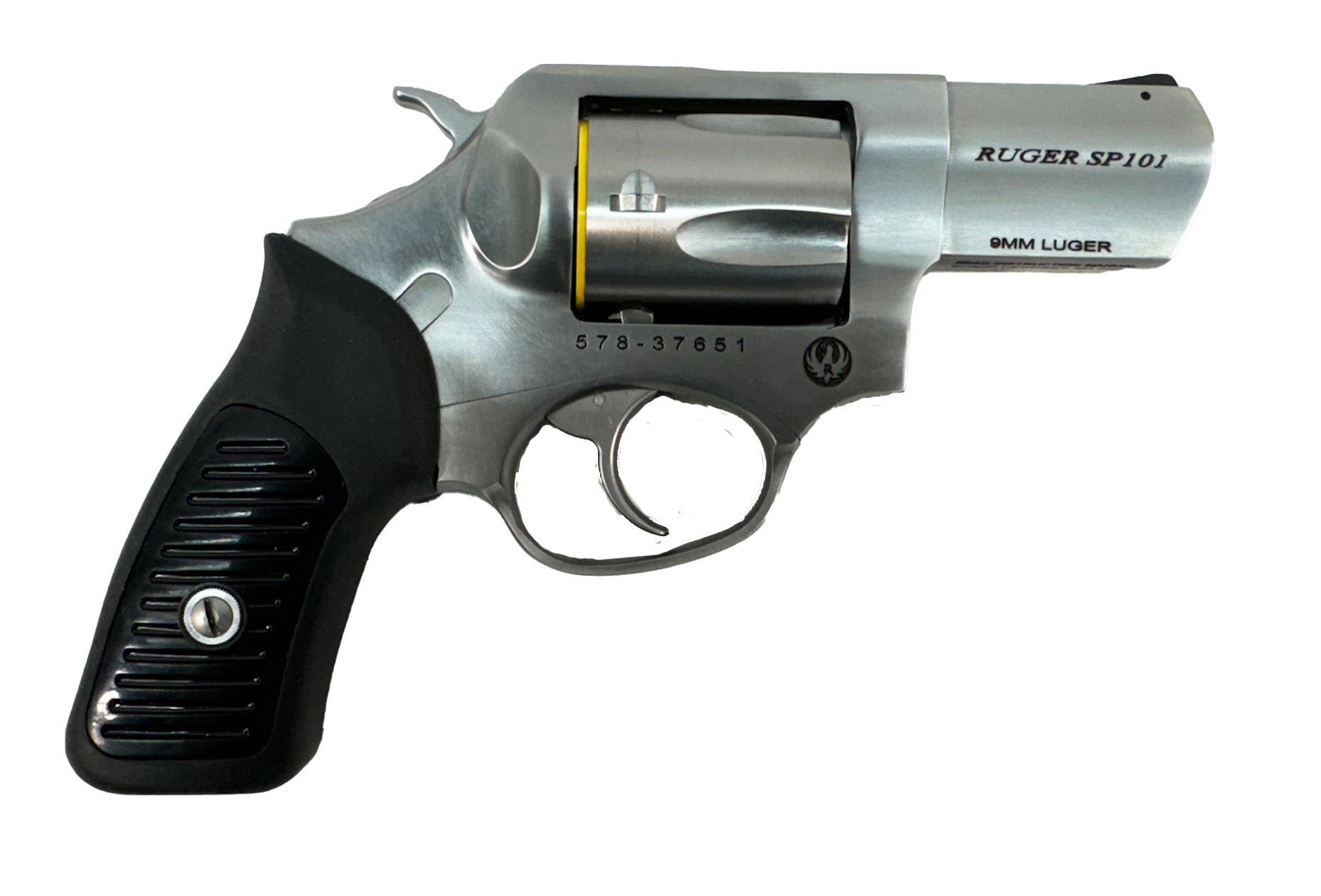 Silver Ruger SP101 revolver with black grip.