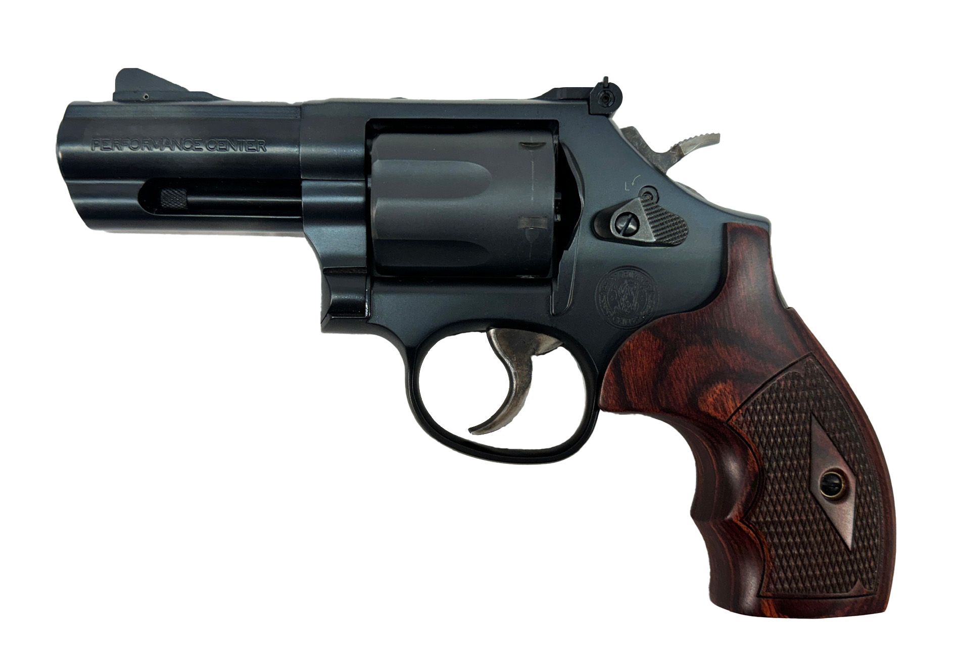 Blue revolver with wood grip.