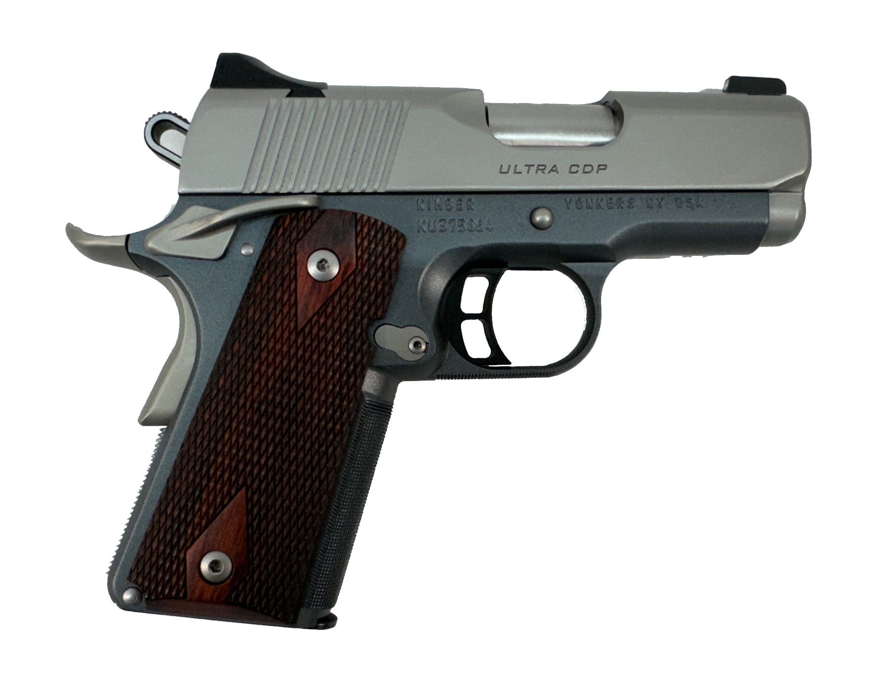 Kimber Ultra CDP pistol, stainless slide, black frame, wood grips.
