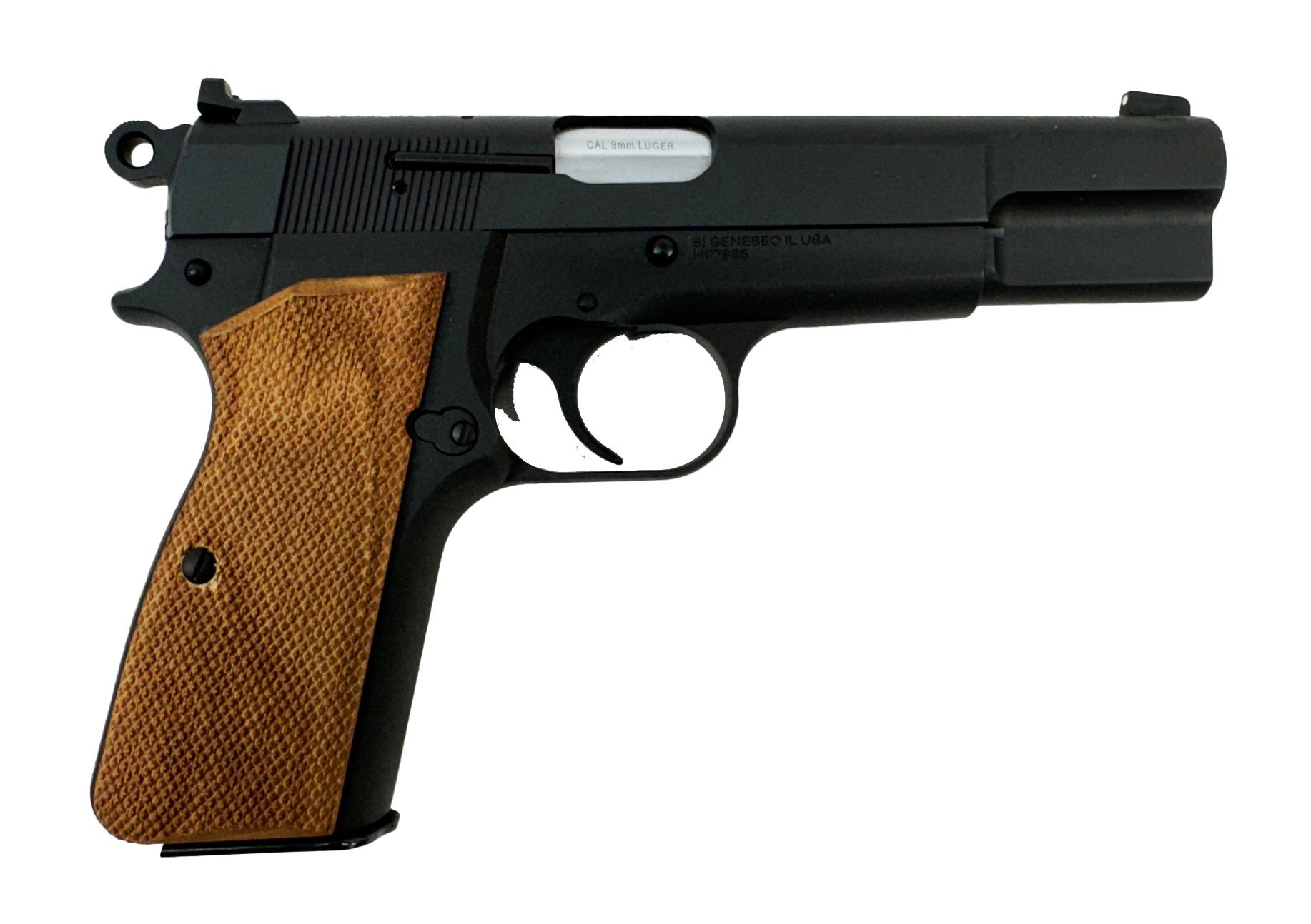 Black handgun with wooden grips.