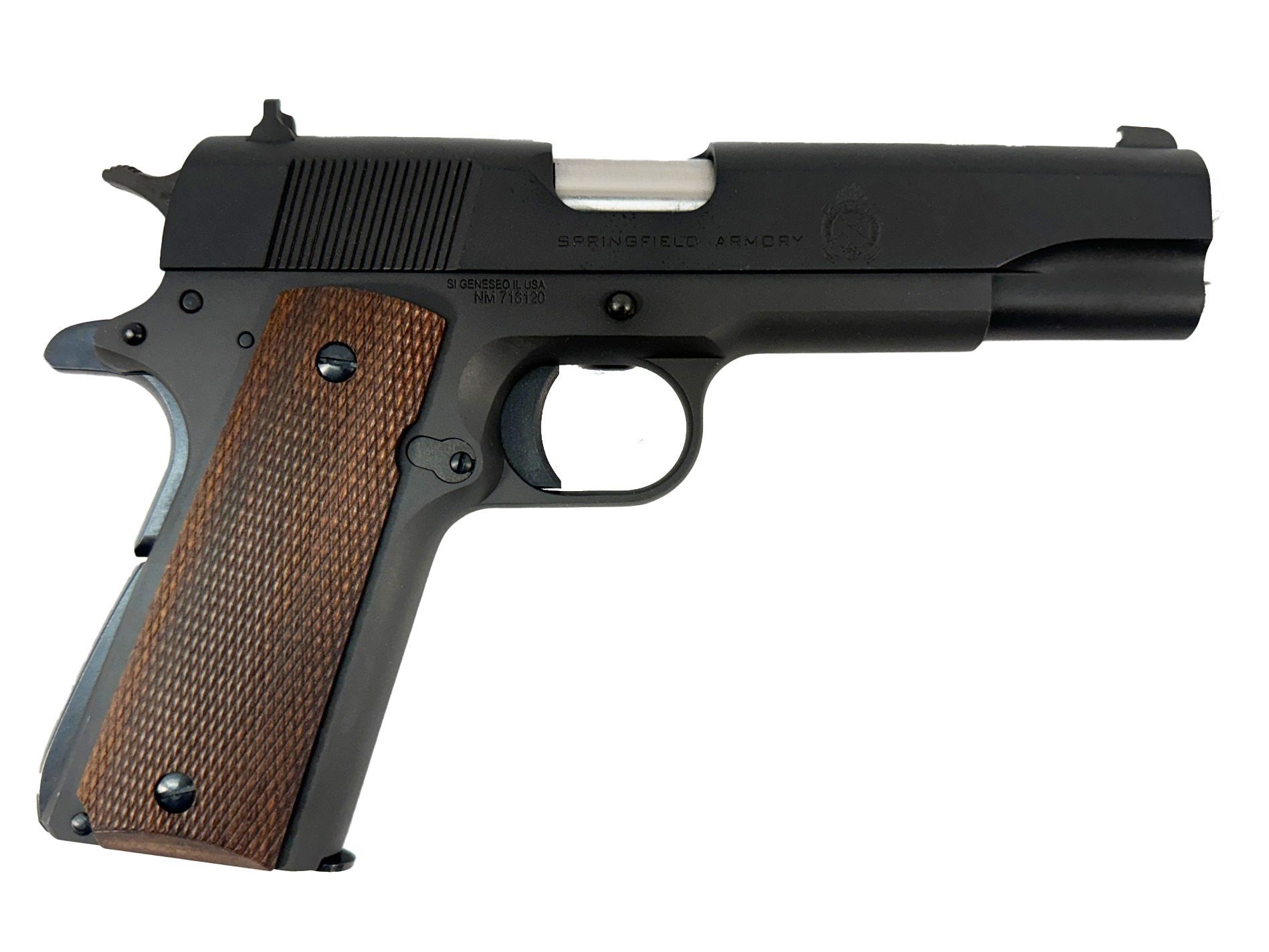 Black semi-automatic pistol with wooden grip, silver slide, and dark metal frame, positioned against a white background.