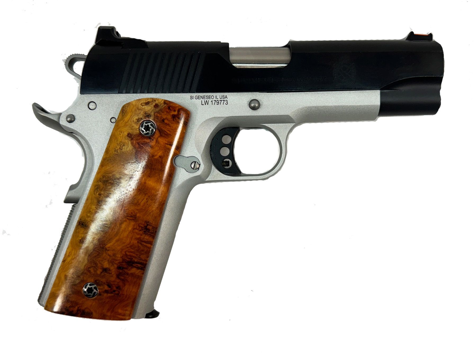 Silver and black semi-automatic handgun with wooden grip and black slide, white background.