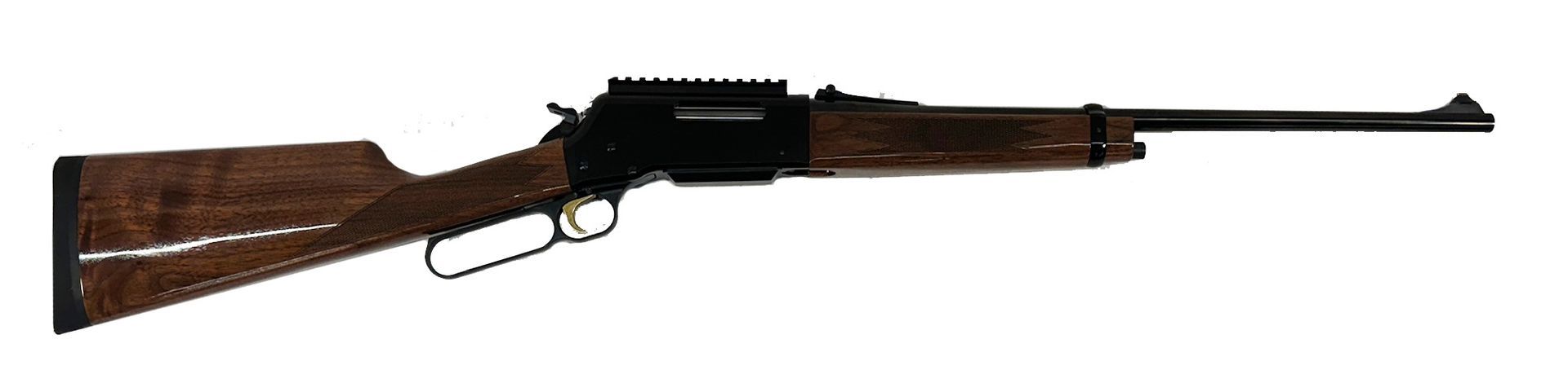 Lever-action rifle, wooden stock and forend, black receiver and barrel.