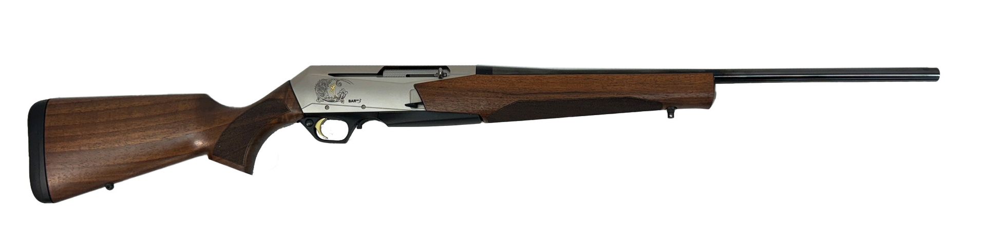 A brown and silver semi-automatic hunting rifle on a white background.