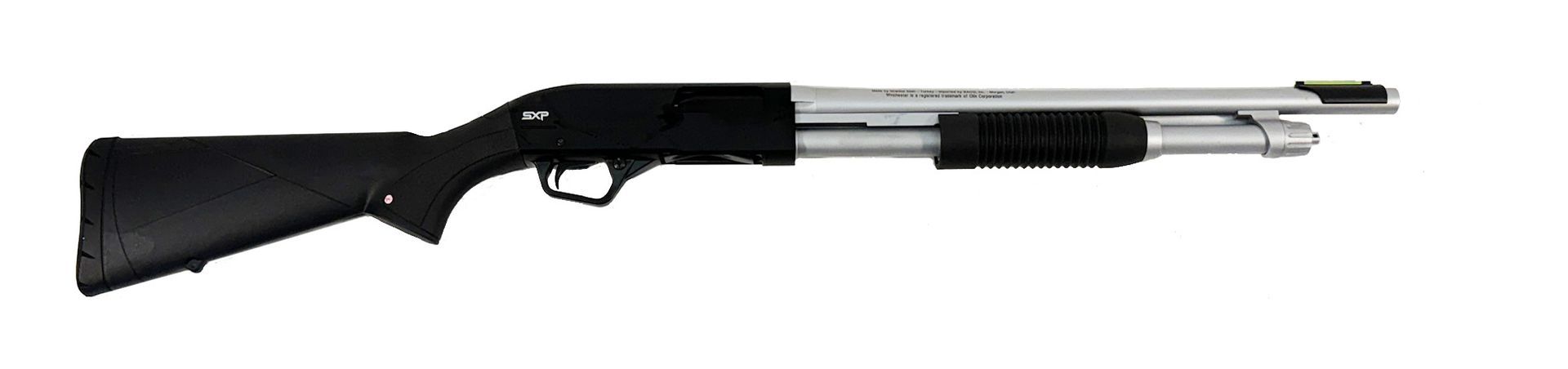 A silver and black shotgun on a white background.