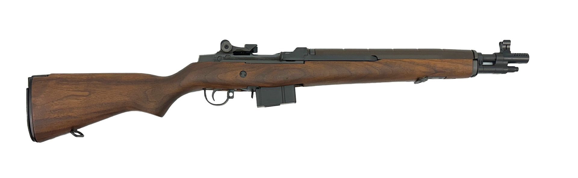 M14 rifle, brown wooden stock and forend, black metal receiver and barrel.