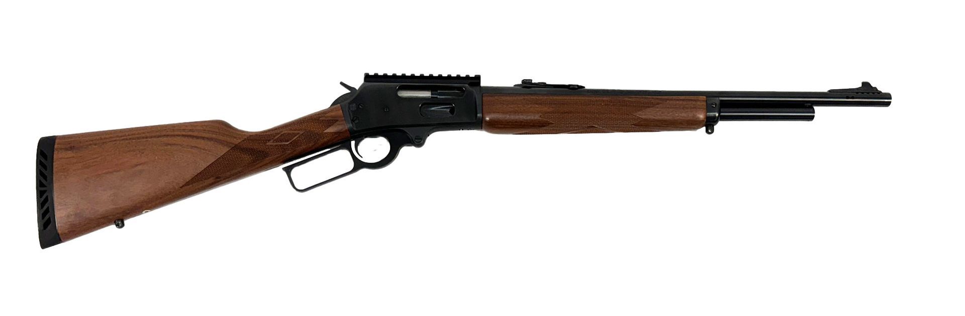 A lever-action rifle with a brown wooden stock and black barrel.